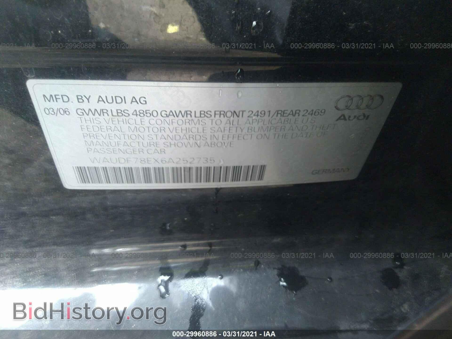 2006 AUDI A4 - VIN: WAUDF78EX6A252735 - Фото 9