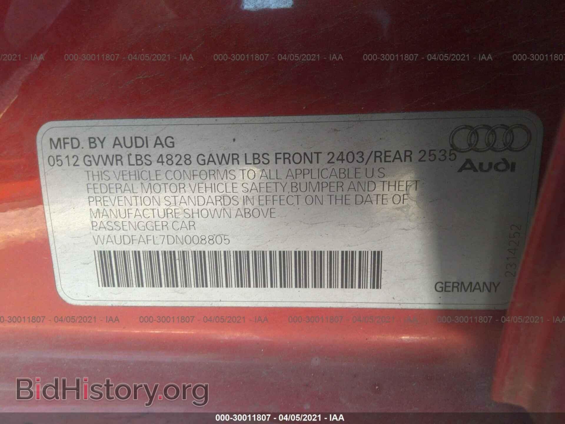 2013 AUDI A4 - VIN: WAUDFAFL7DN008805 - Фото 9