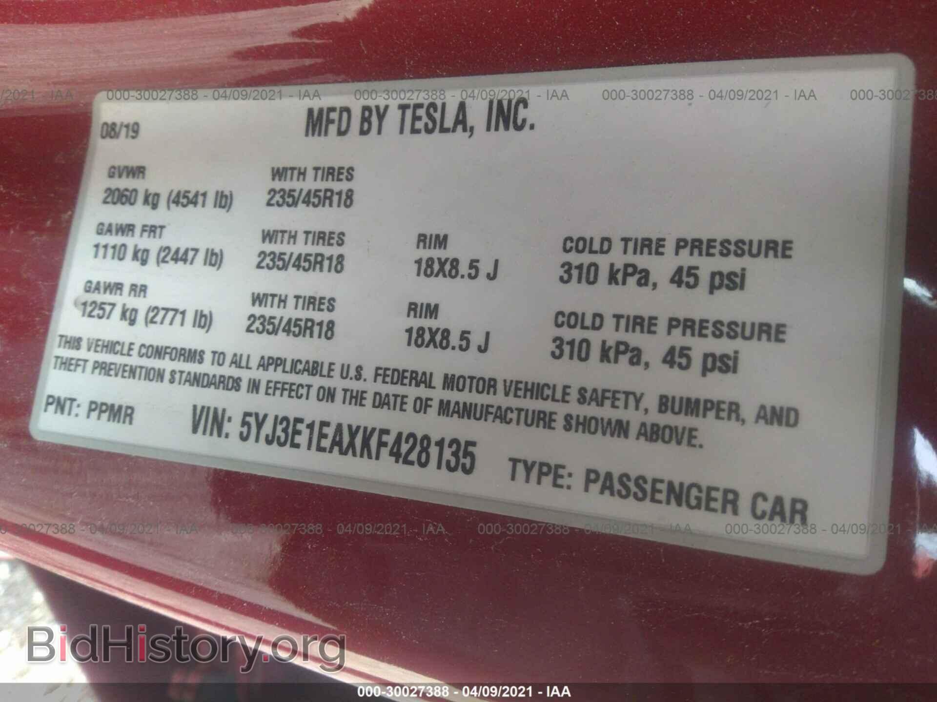 2019 TESLA MODEL 3 - VIN: 5YJ3E1EAXKF428135 - Photo 9