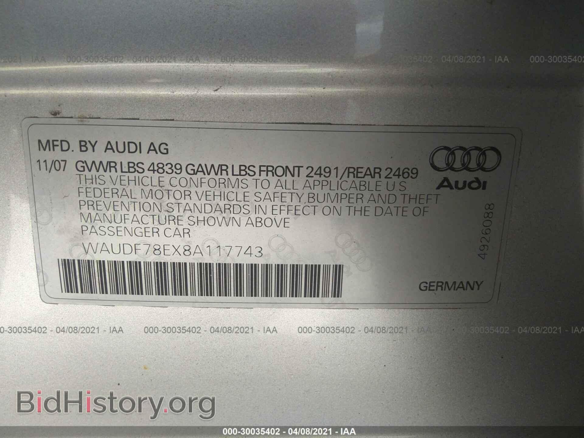 2008 AUDI A4 - VIN: WAUDF78EX8A117743 - Фото 9