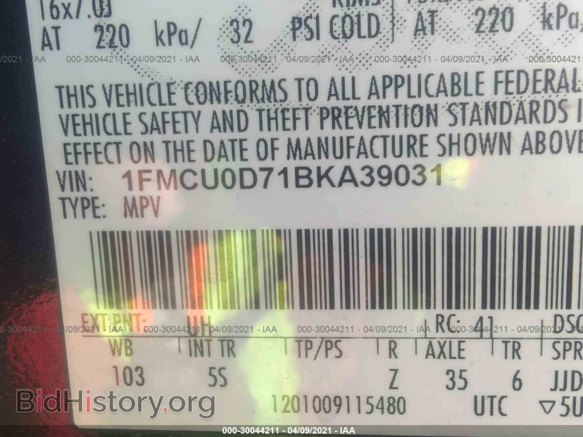2011 FORD ESCAPE - VIN: 1FMCU0D71BKA39031 - Фото 9