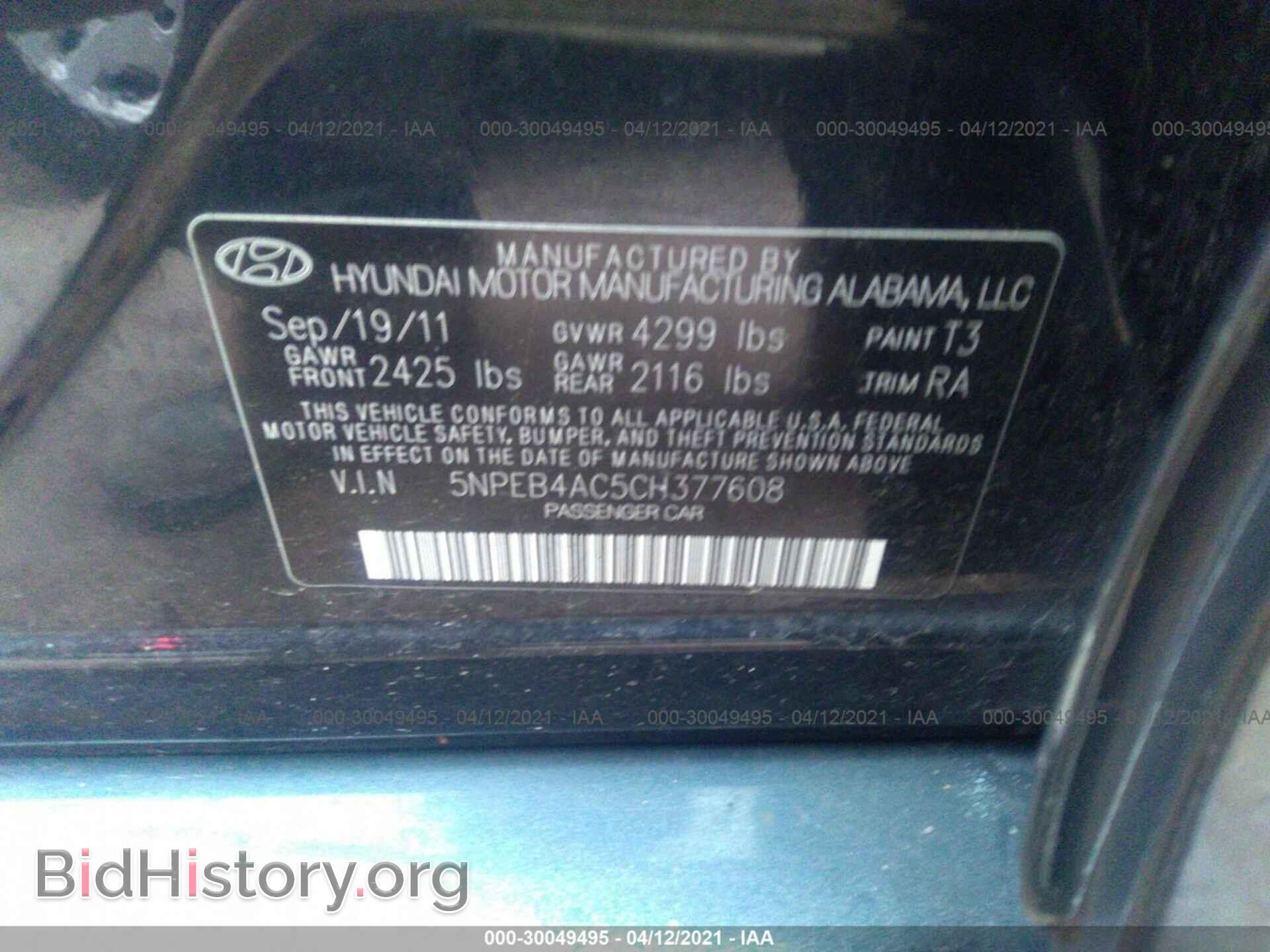 2012 HYUNDAI SONATA - VIN: 5NPEB4AC5CH377608 - Photo 9