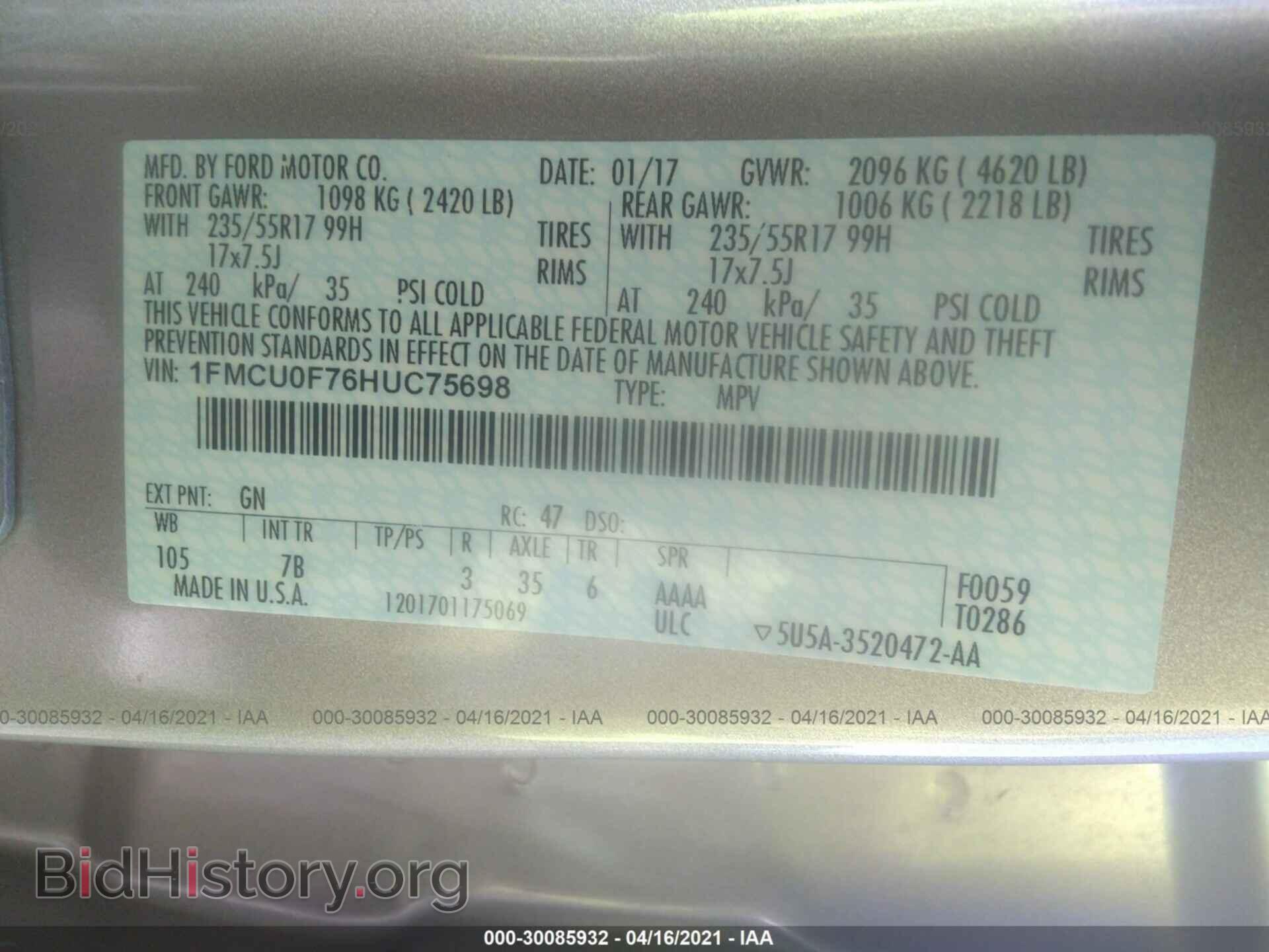 2017 FORD ESCAPE - VIN: 1FMCU0F76HUC75698 - Photo 9