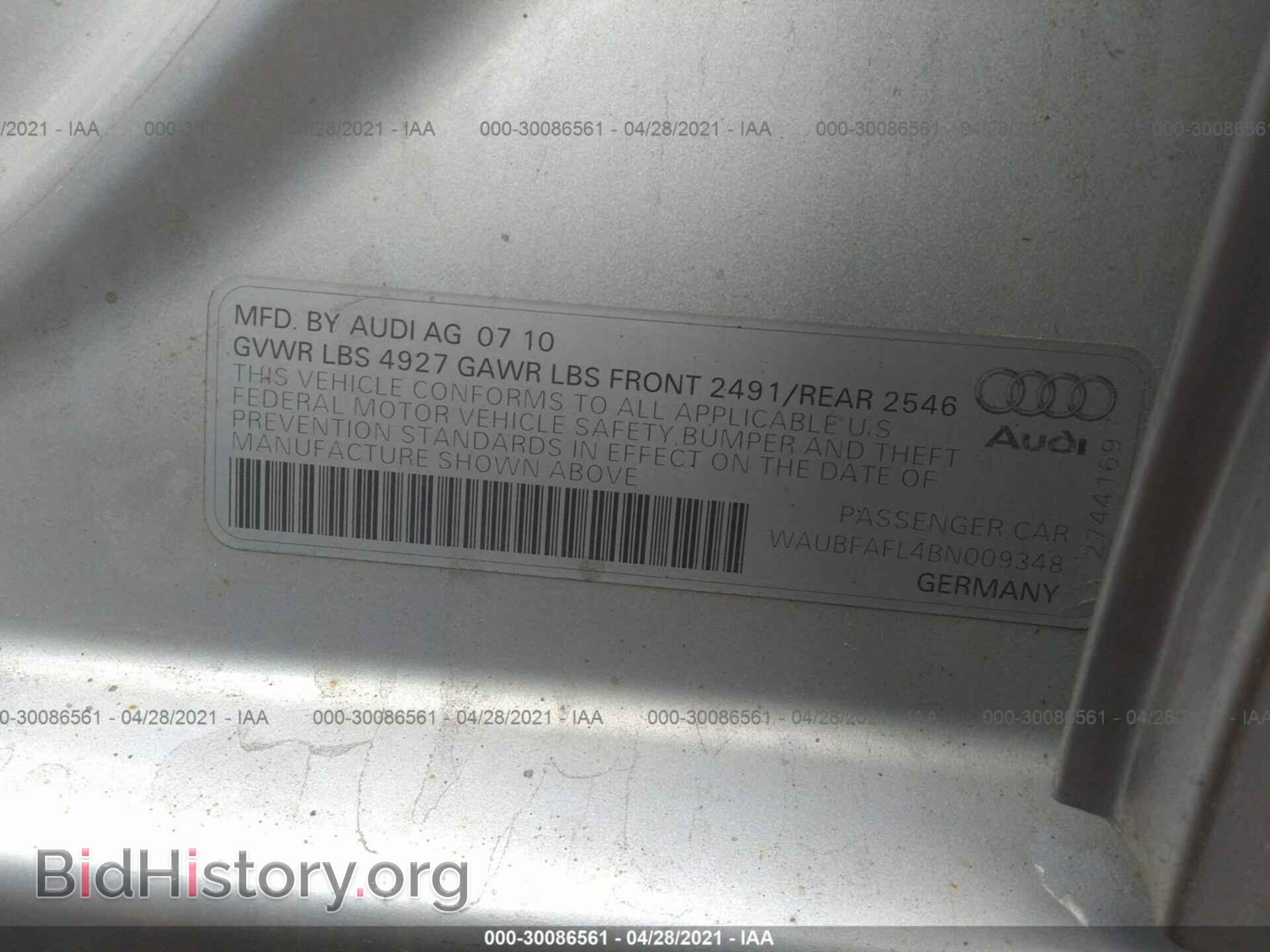 2011 AUDI A4 - VIN: WAUBFAFL4BN009348 - Фото 9