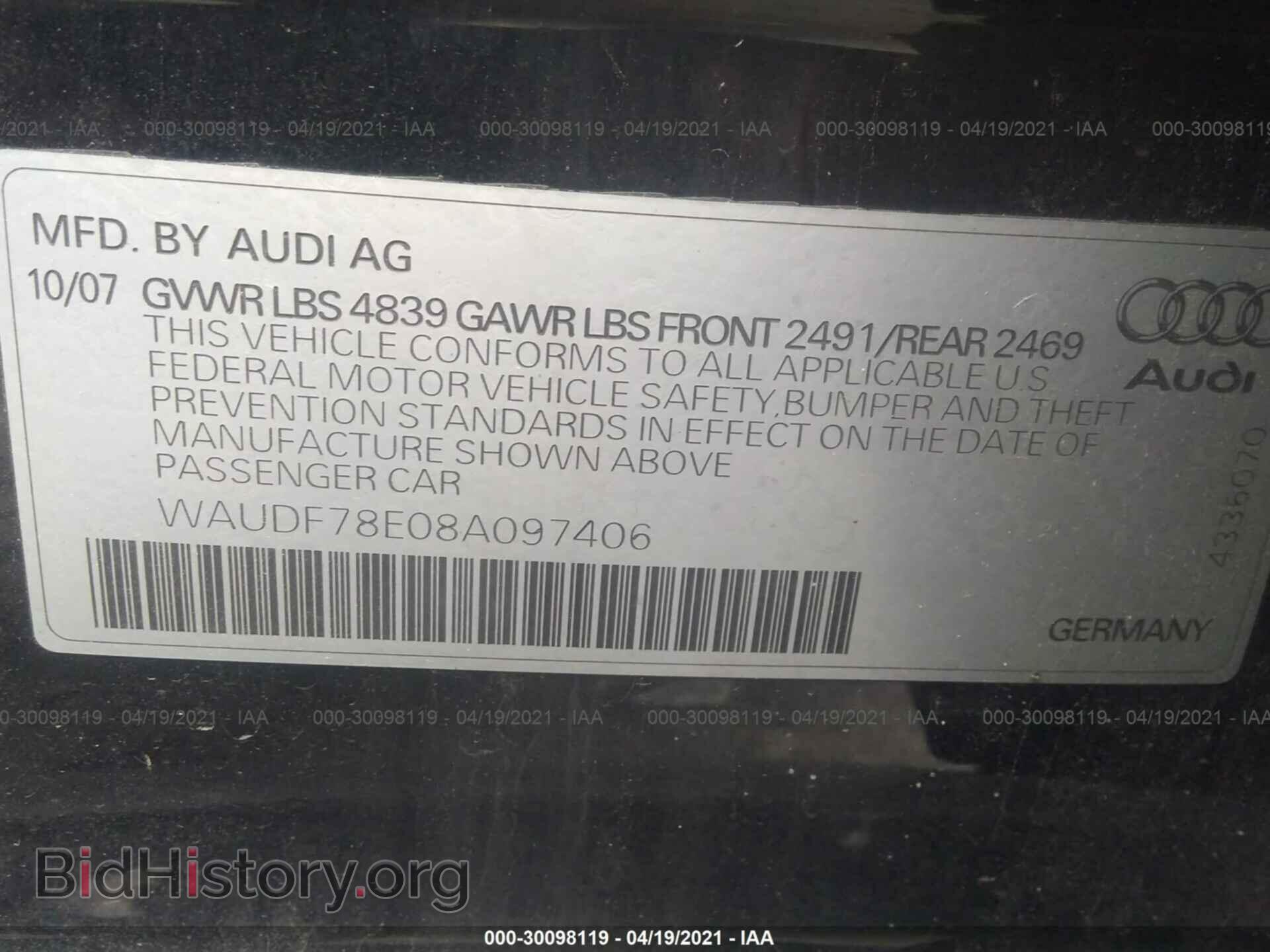 2008 AUDI A4 - VIN: WAUDF78E08A097406 - Фото 9