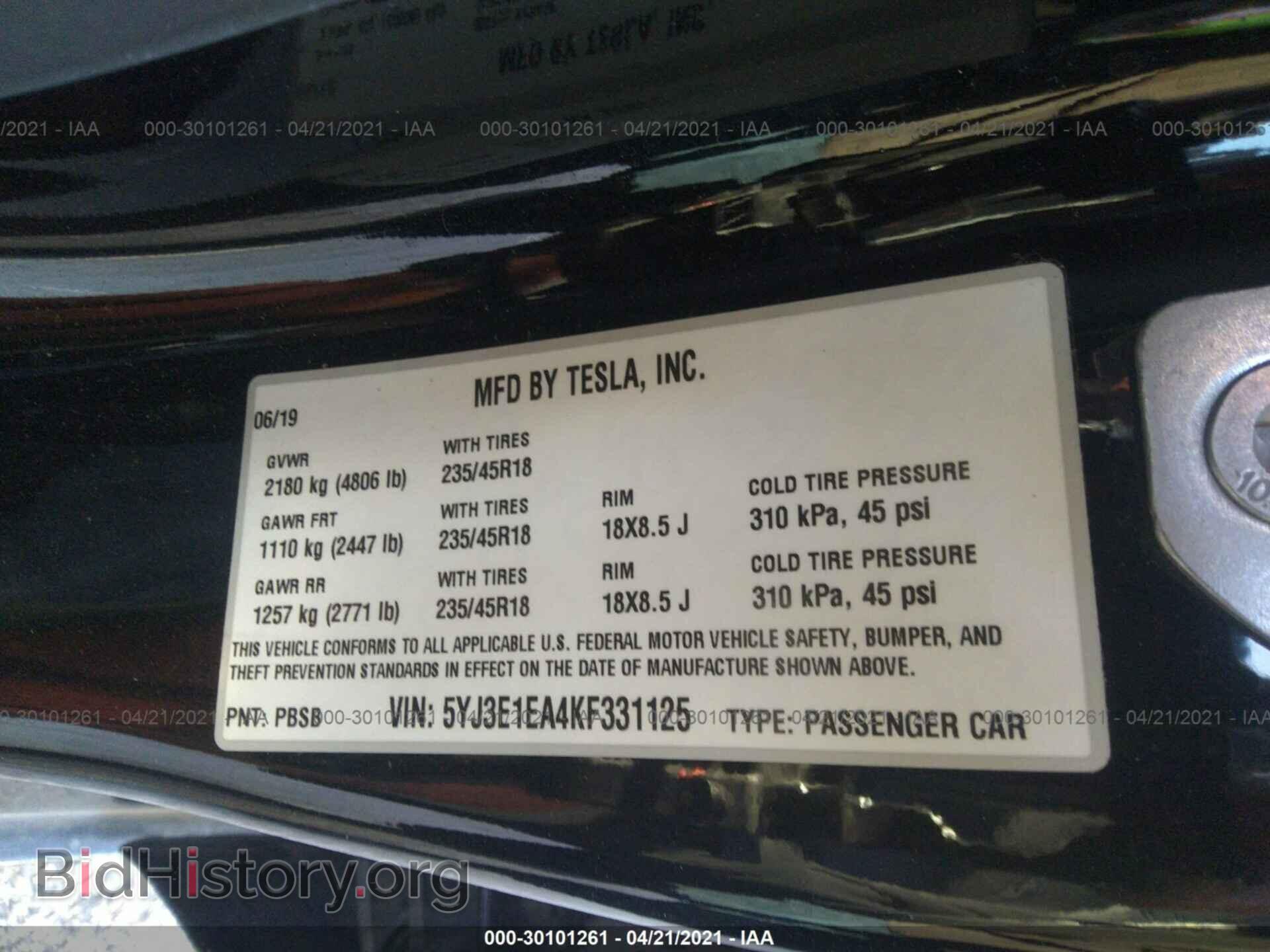 2019 TESLA MODEL 3 - VIN: 5YJ3E1EA4KF331125 - Фото 9