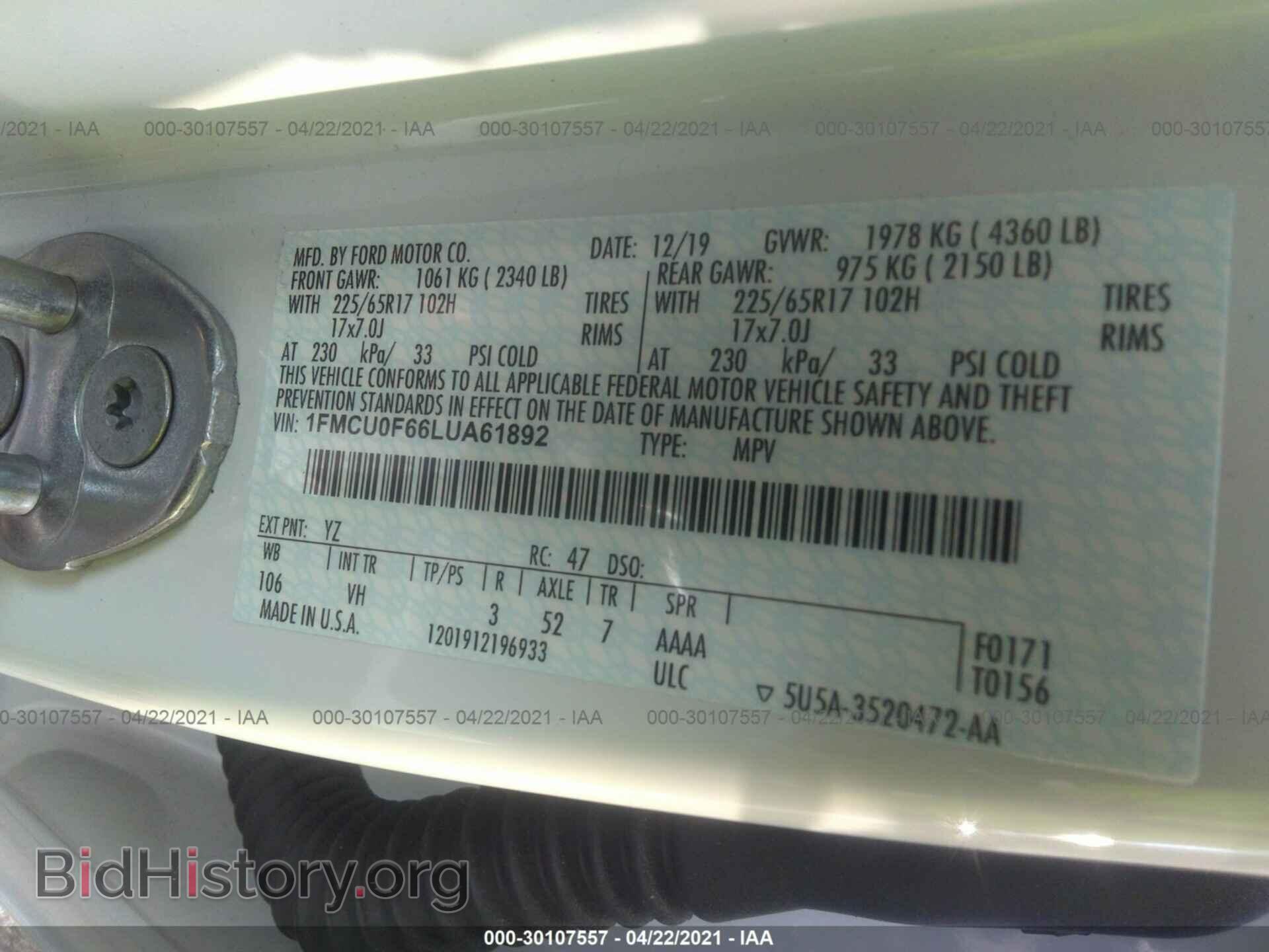 2020 FORD ESCAPE - VIN: 1FMCU0F66LUA61892 - Photo 9