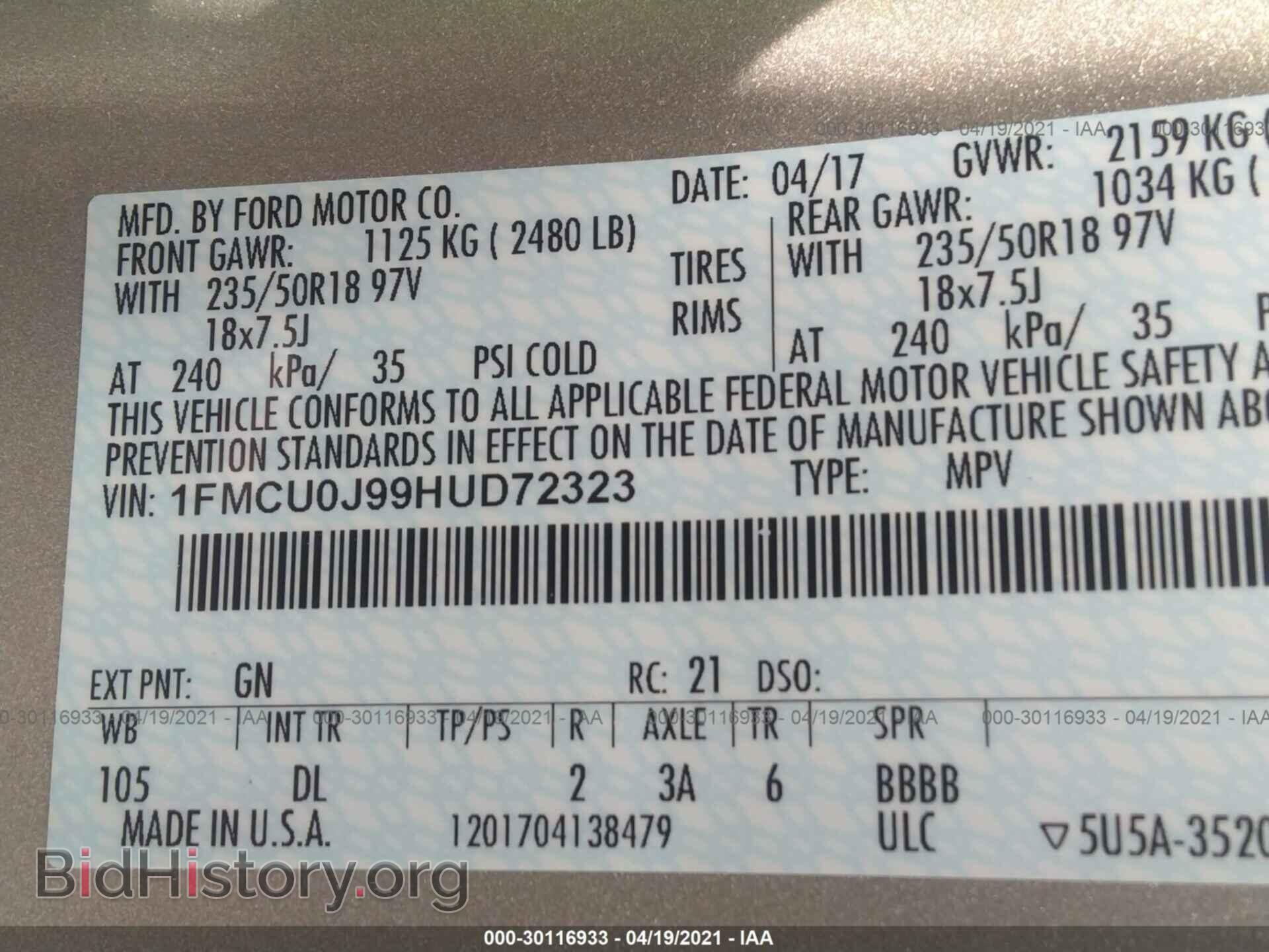 2017 FORD ESCAPE - VIN: 1FMCU0J99HUD72323 - Photo 9