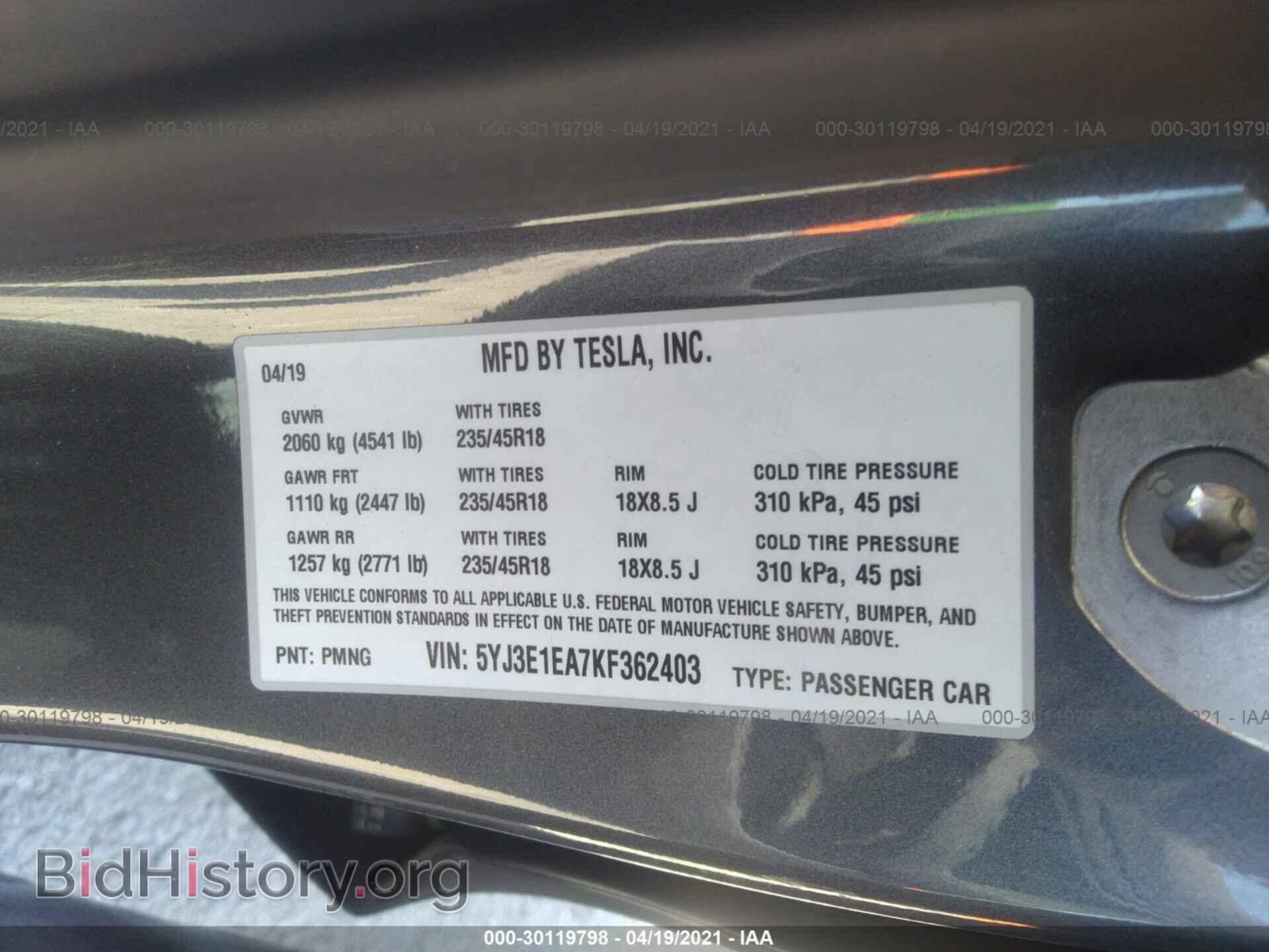 2019 TESLA MODEL 3 - VIN: 5YJ3E1EA7KF362403 - Photo 9