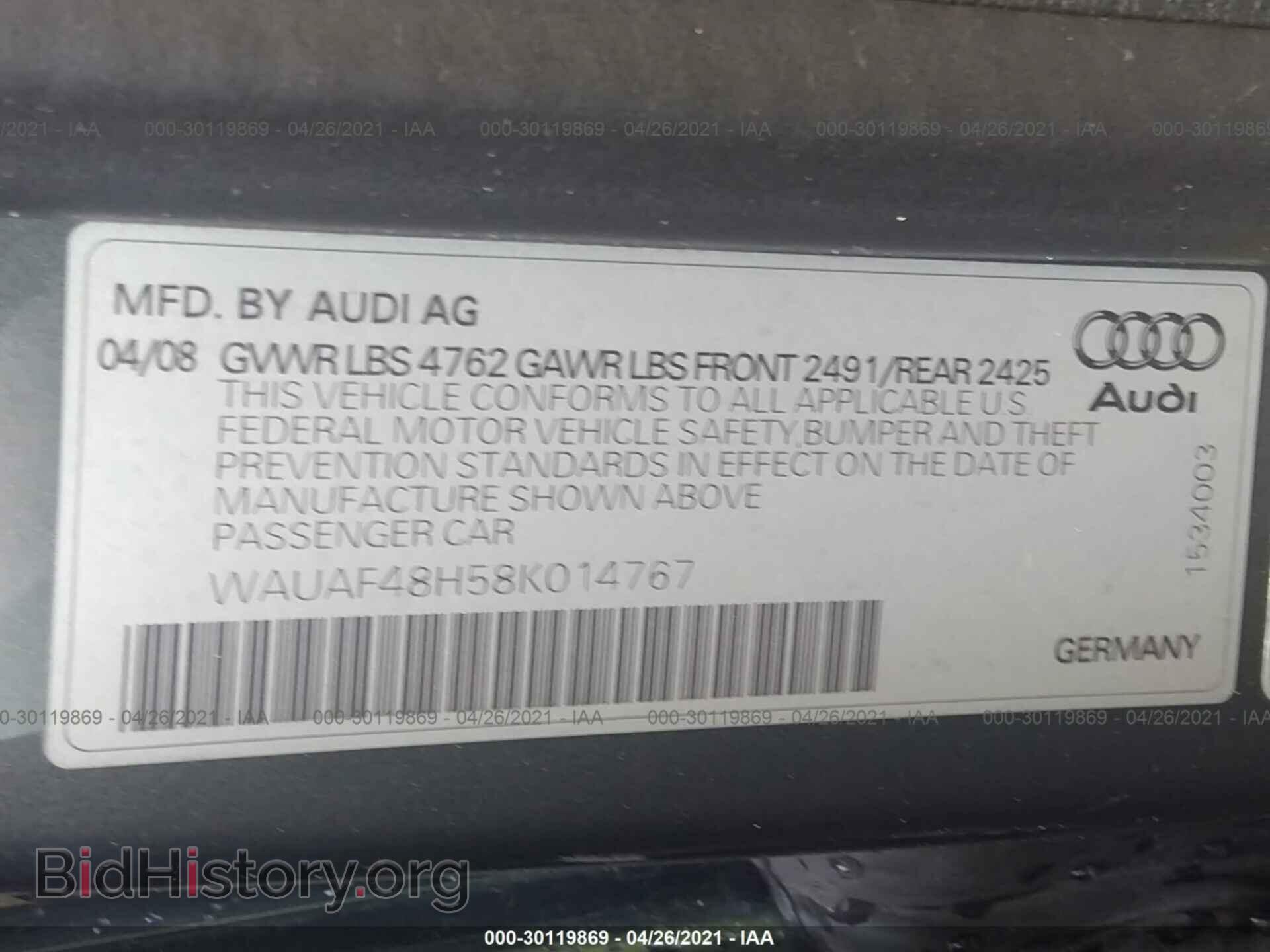 2008 AUDI A4 - VIN: WAUAF48H58K014767 - Фото 9