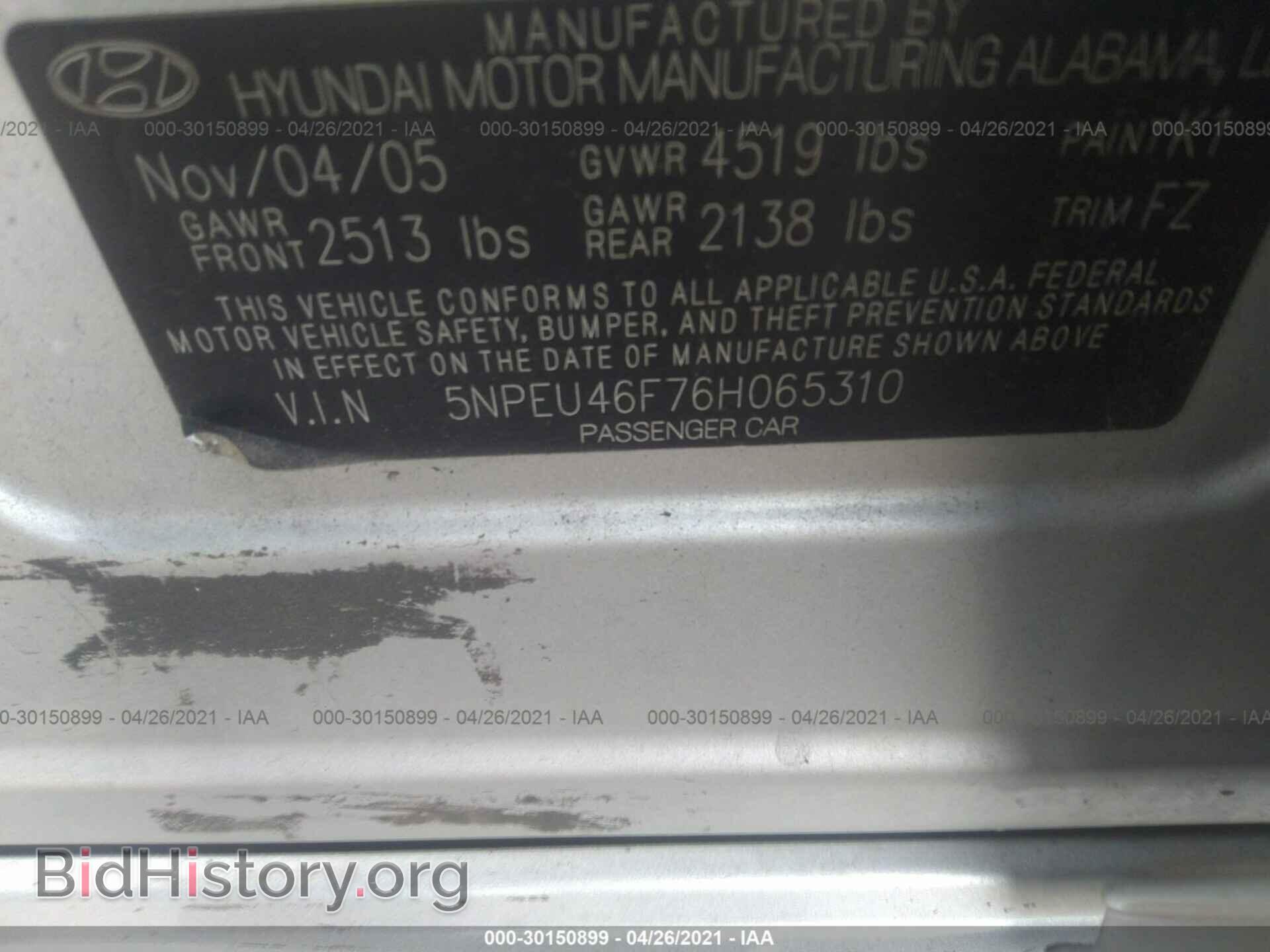 2006 HYUNDAI SONATA - VIN: 5NPEU46F76H065310 - Фото 9
