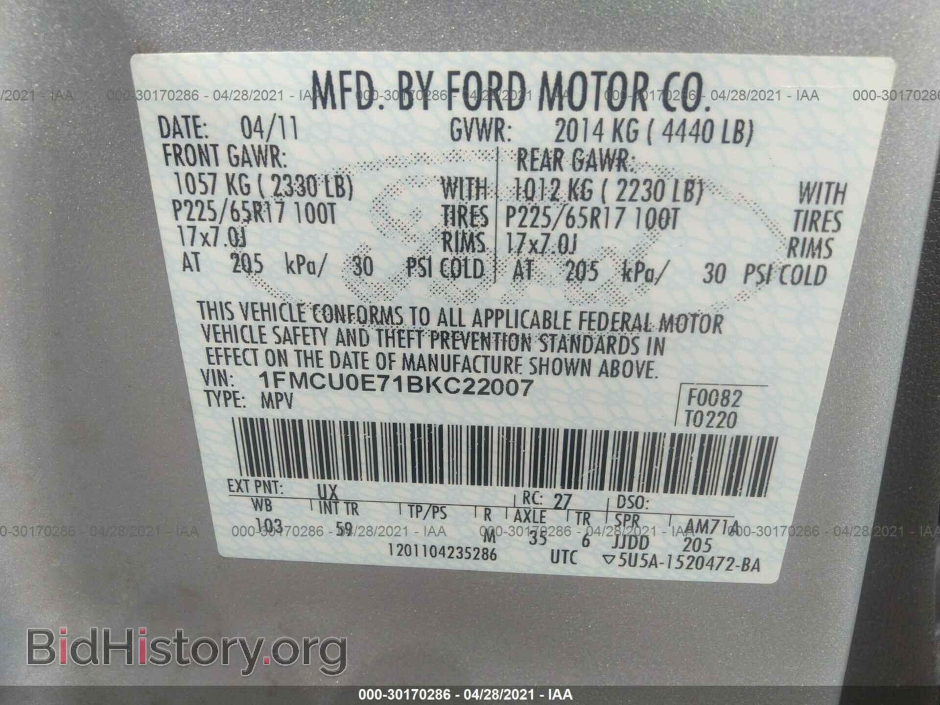 2011 FORD ESCAPE - VIN: 1FMCU0E71BKC22007 - Фото 9