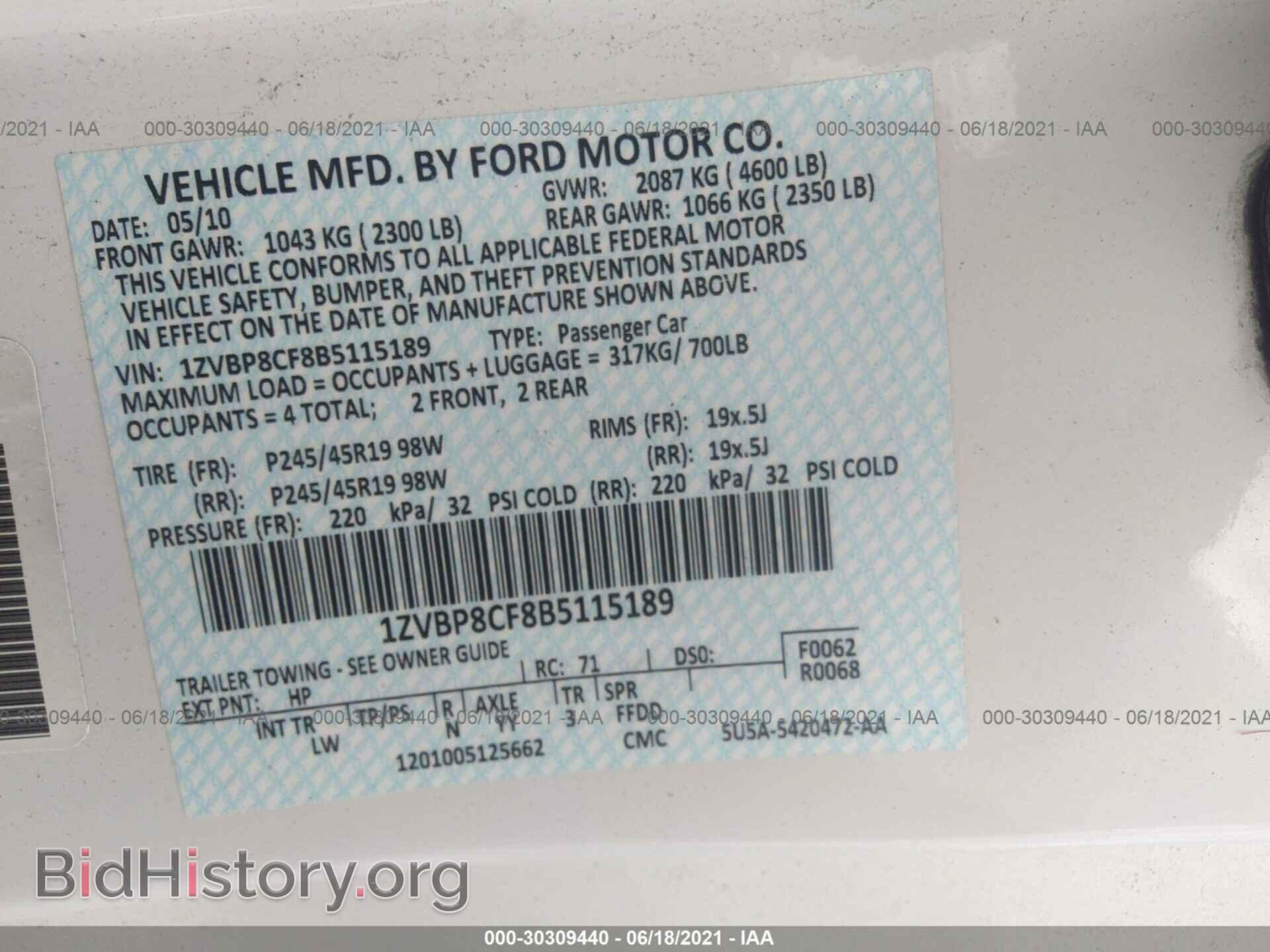 2011 FORD MUSTANG - VIN: 1ZVBP8CF8B5115189 - Фото 9