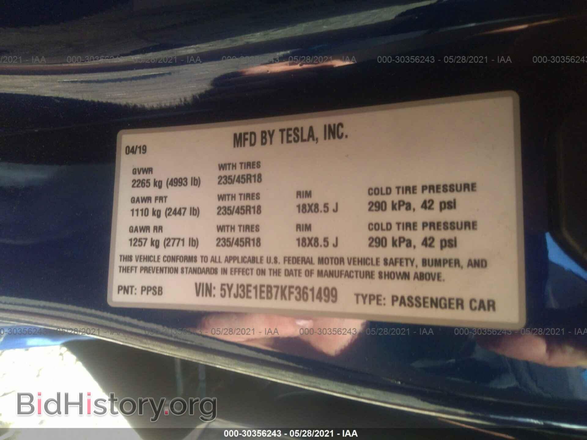 2019 TESLA MODEL 3 - VIN: 5YJ3E1EB7KF361499 - Photo 9
