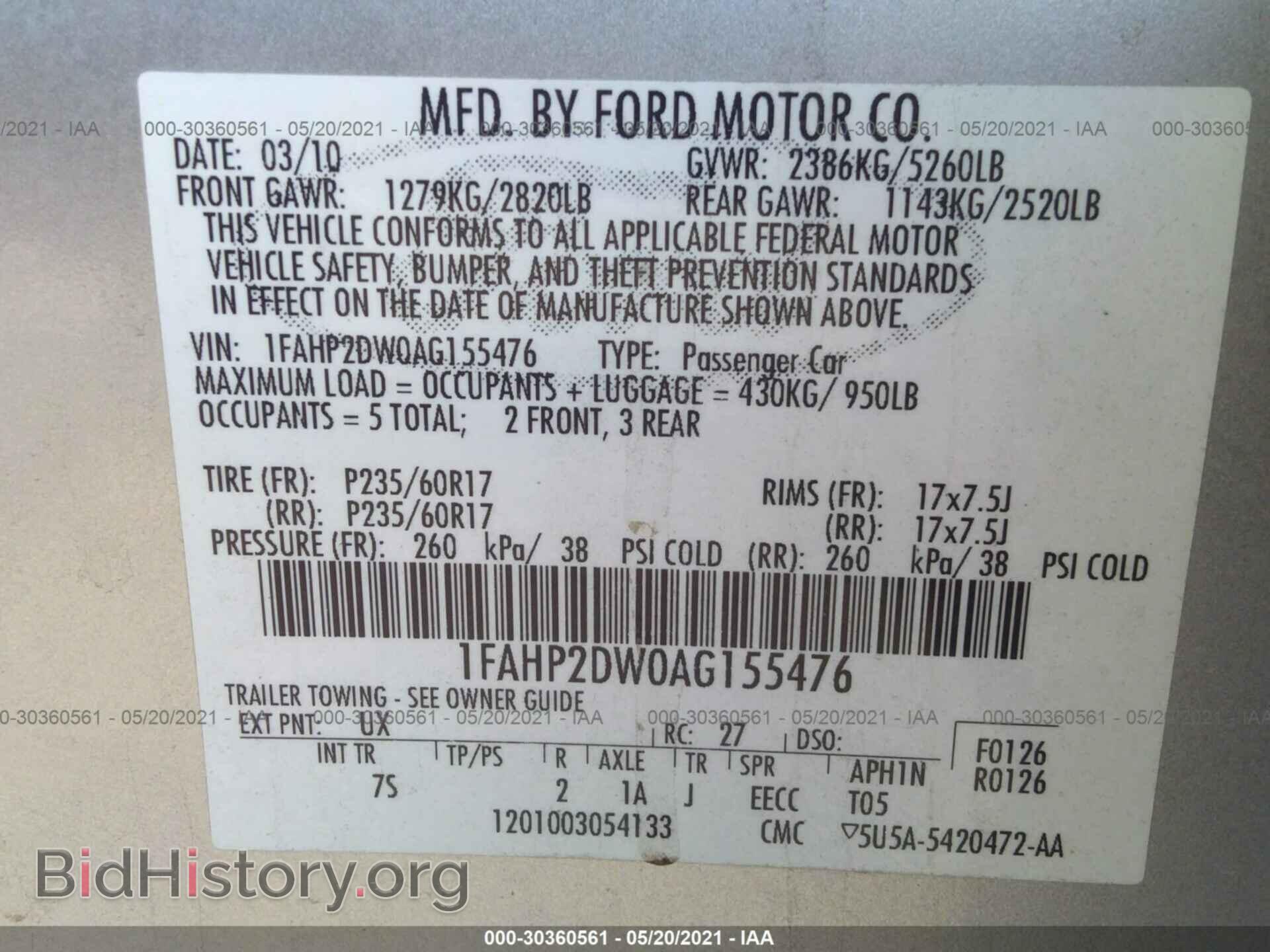 2010 FORD TAURUS - VIN: 1FAHP2DW0AG155476 - Photo 9