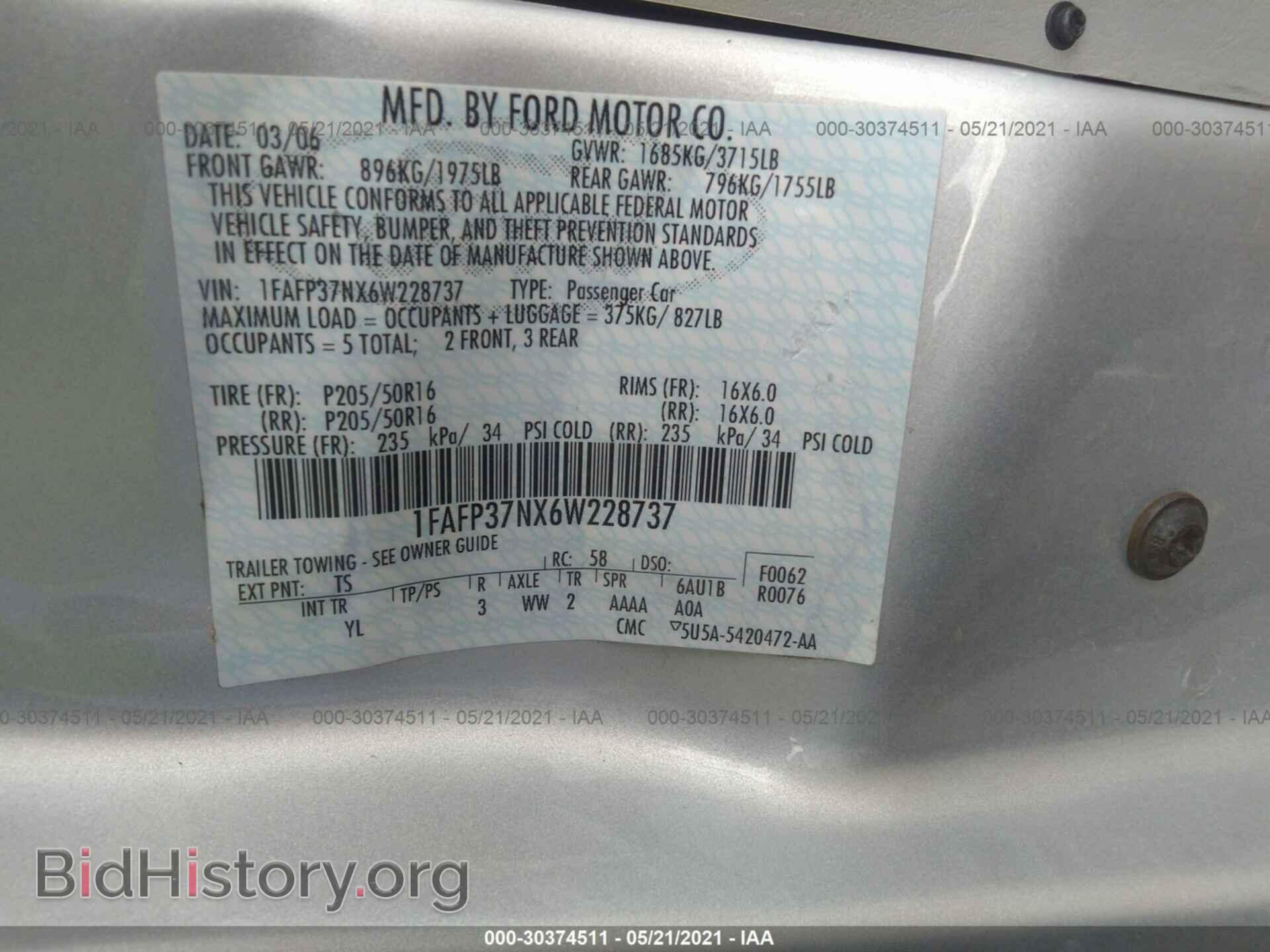 2006 FORD FOCUS - VIN: 1FAFP37NX6W228737 - Фото 9