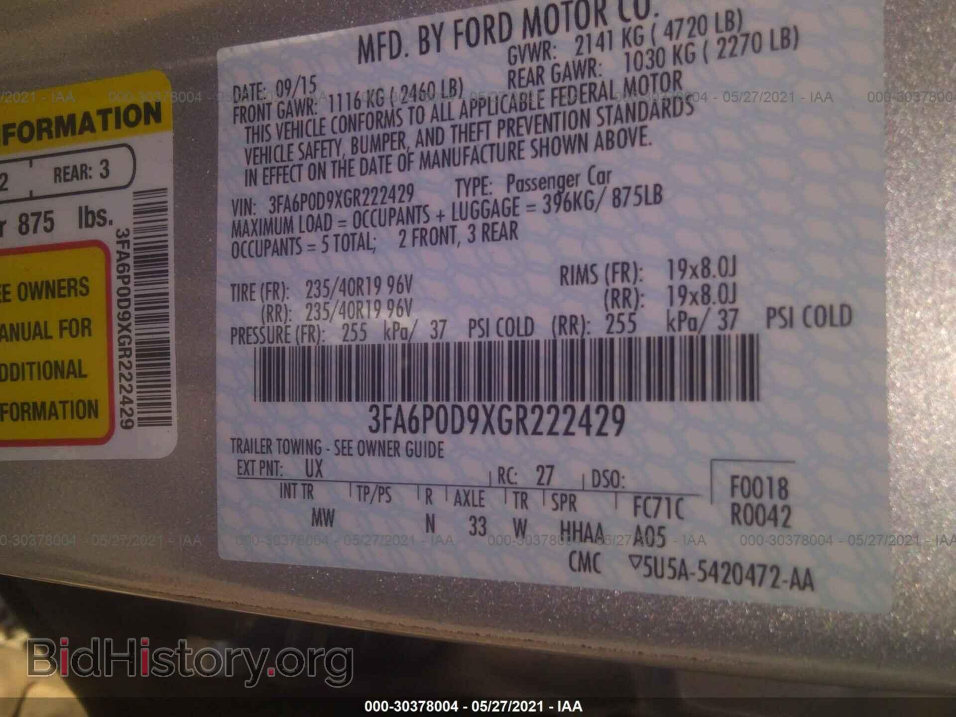 2016 FORD FUSION - VIN: 3FA6P0D9XGR222429 - Photo 9