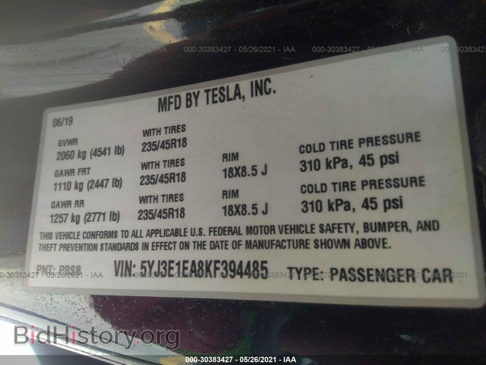2019 TESLA MODEL 3 - VIN: 5YJ3E1EA8KF394485 - Фото 9