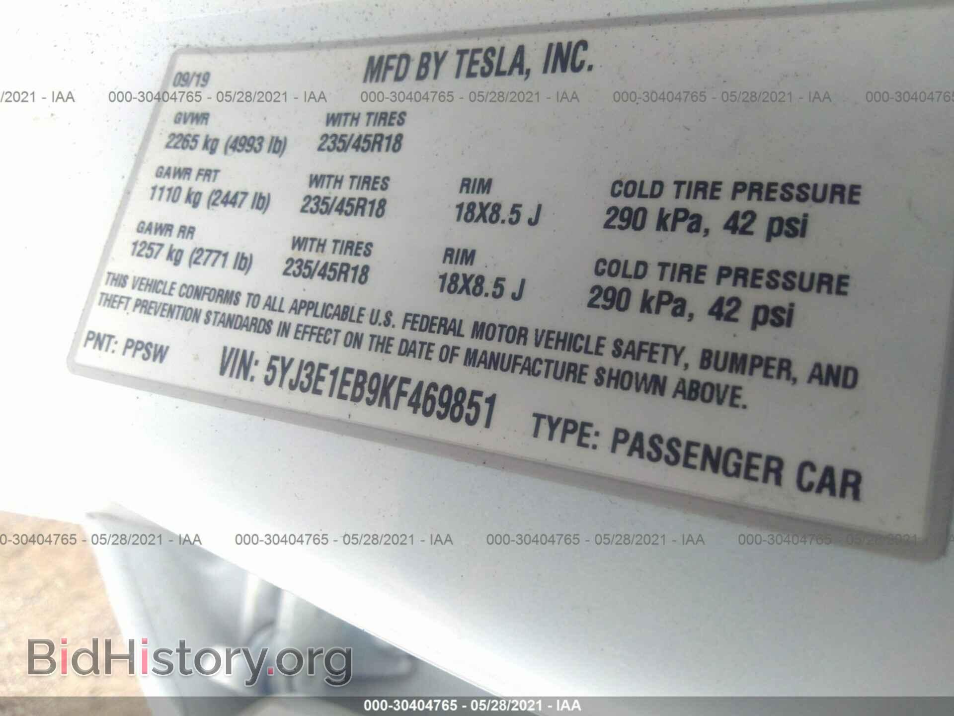 2019 TESLA MODEL 3 - VIN: 5YJ3E1EB9KF469851 - Photo 9