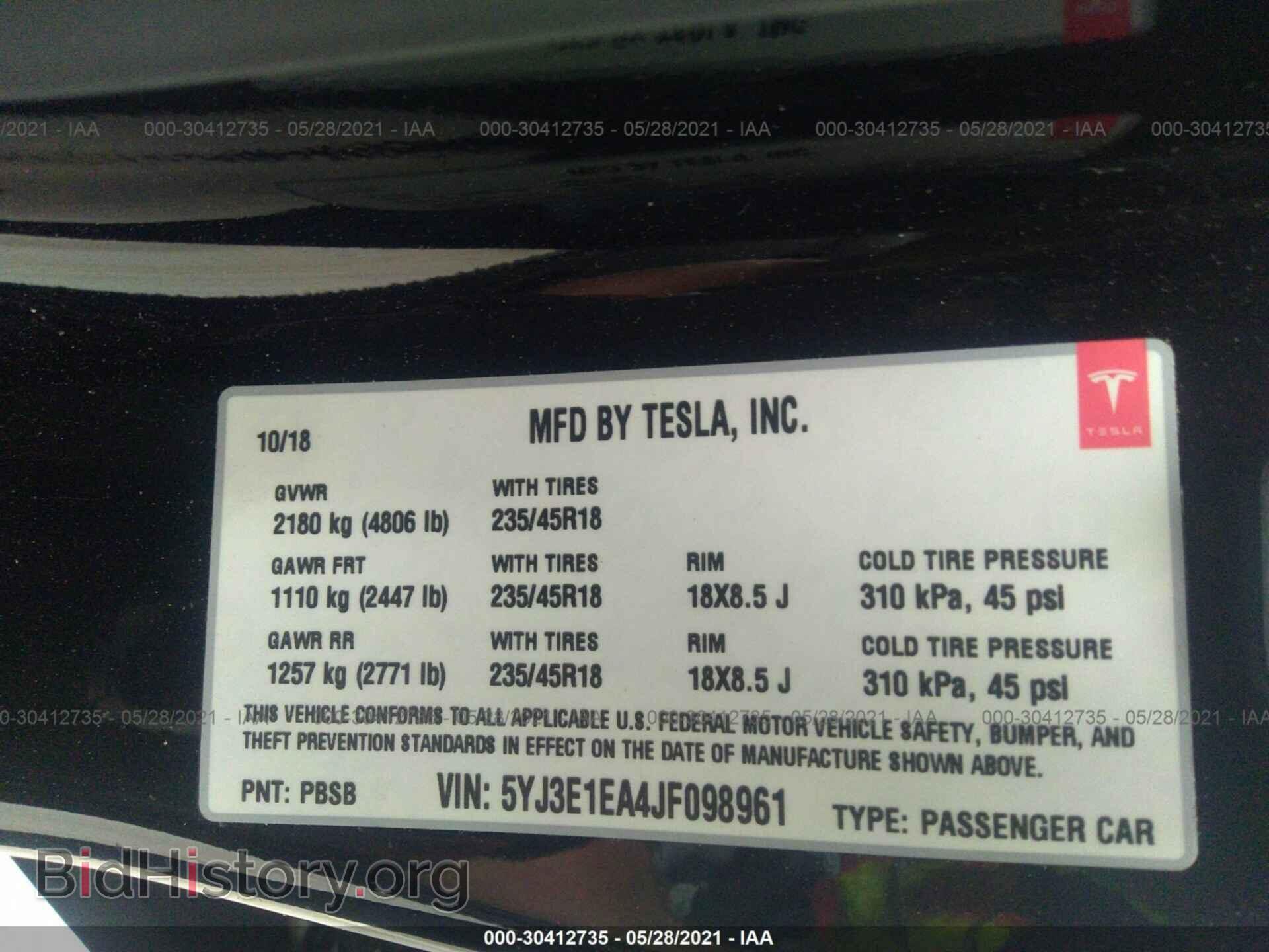 2018 TESLA MODEL 3 - VIN: 5YJ3E1EA4JF098961 - Фото 9