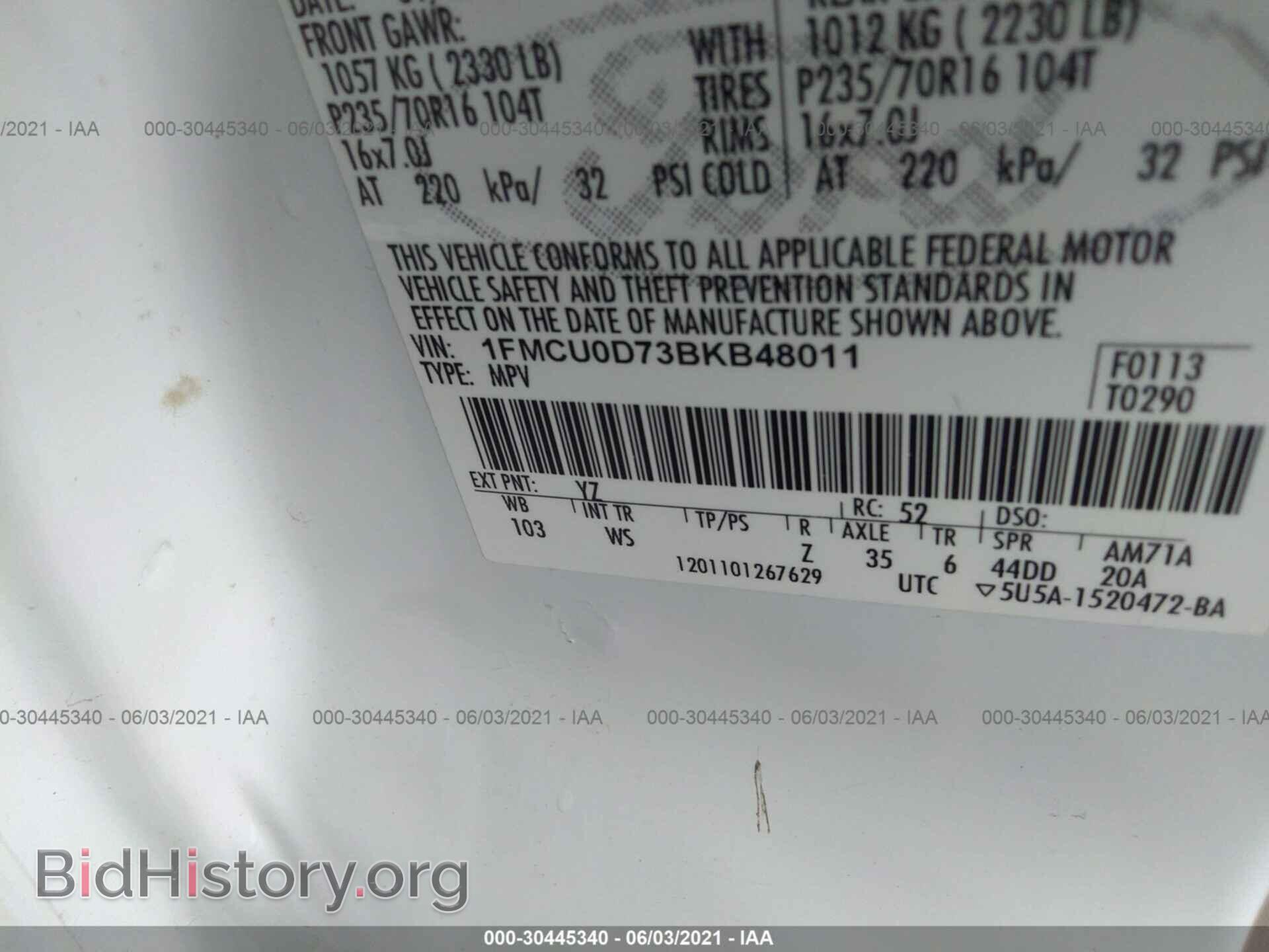2011 FORD ESCAPE - VIN: 1FMCU0D73BKB48011 - Фото 9