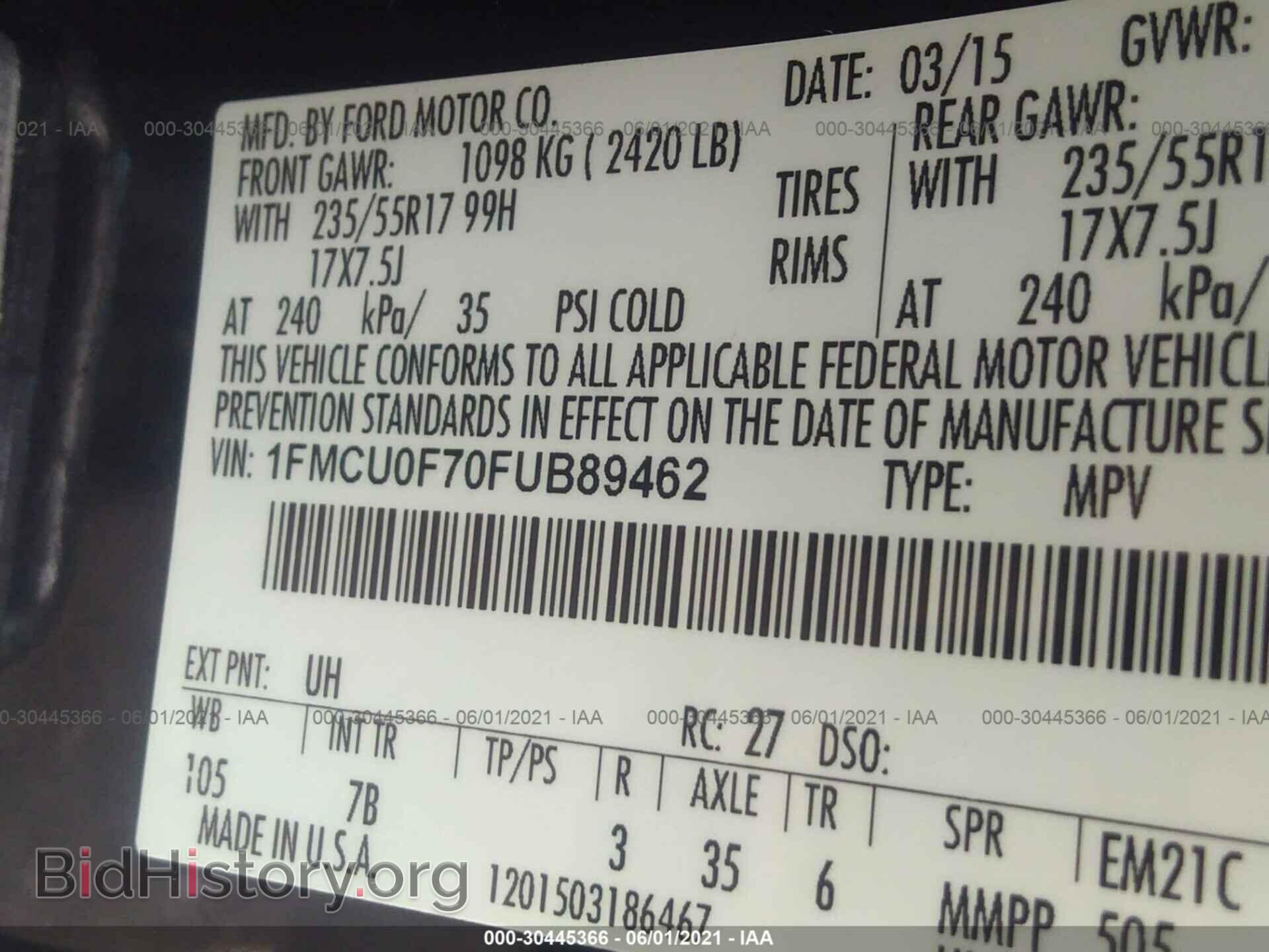 2015 FORD ESCAPE - VIN: 1FMCU0F70FUB89462 - Фото 9