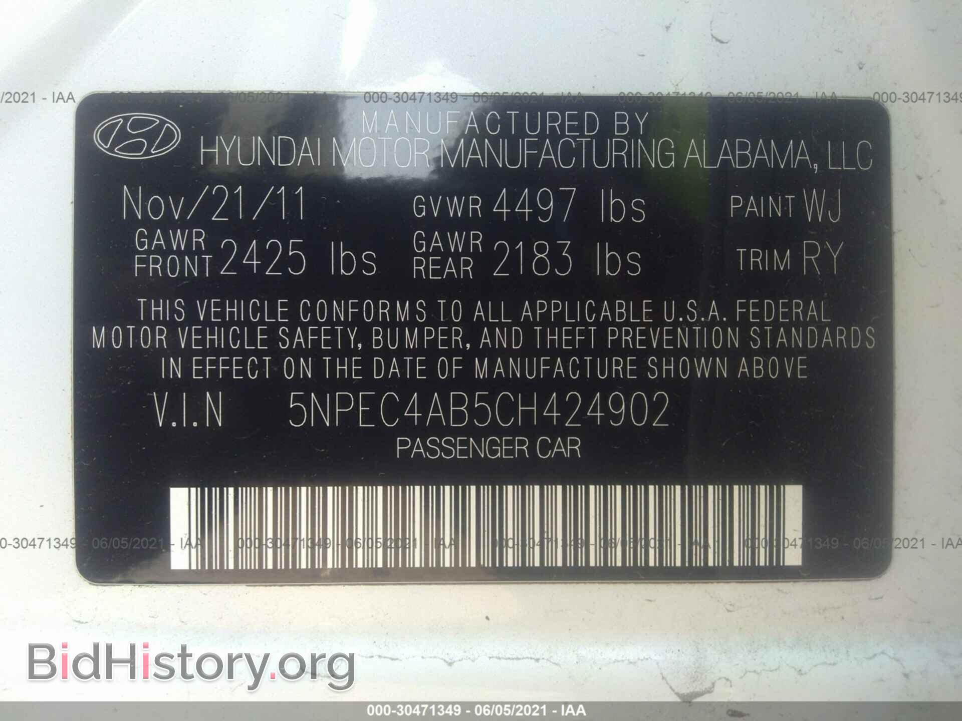 2012 HYUNDAI SONATA - VIN: 5NPEC4AB5CH424902 - Фото 9