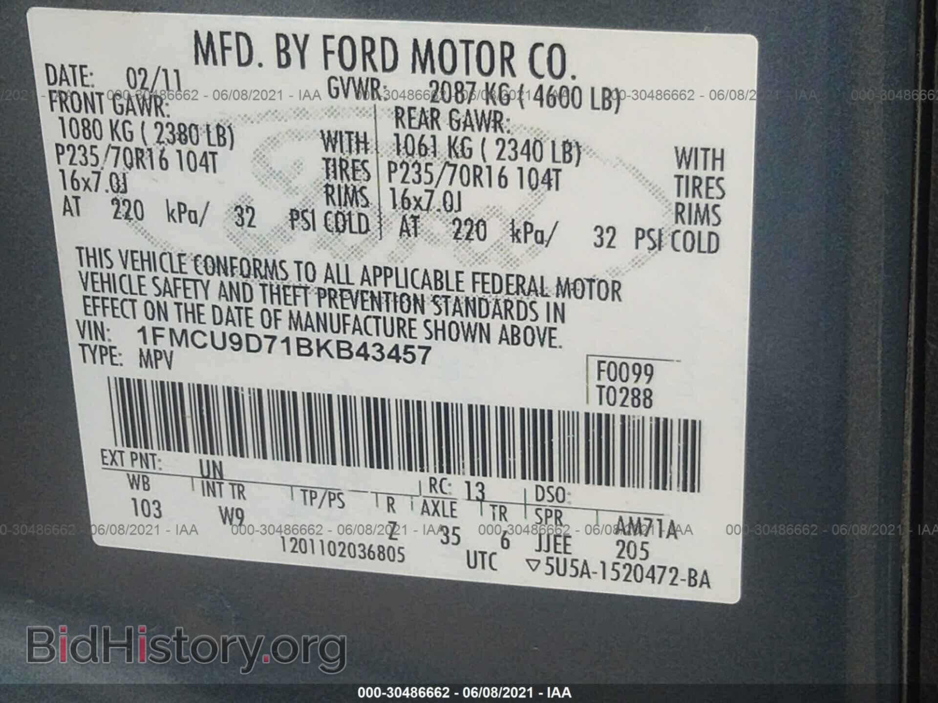 2011 FORD ESCAPE - VIN: 1FMCU9D71BKB43457 - Photo 9