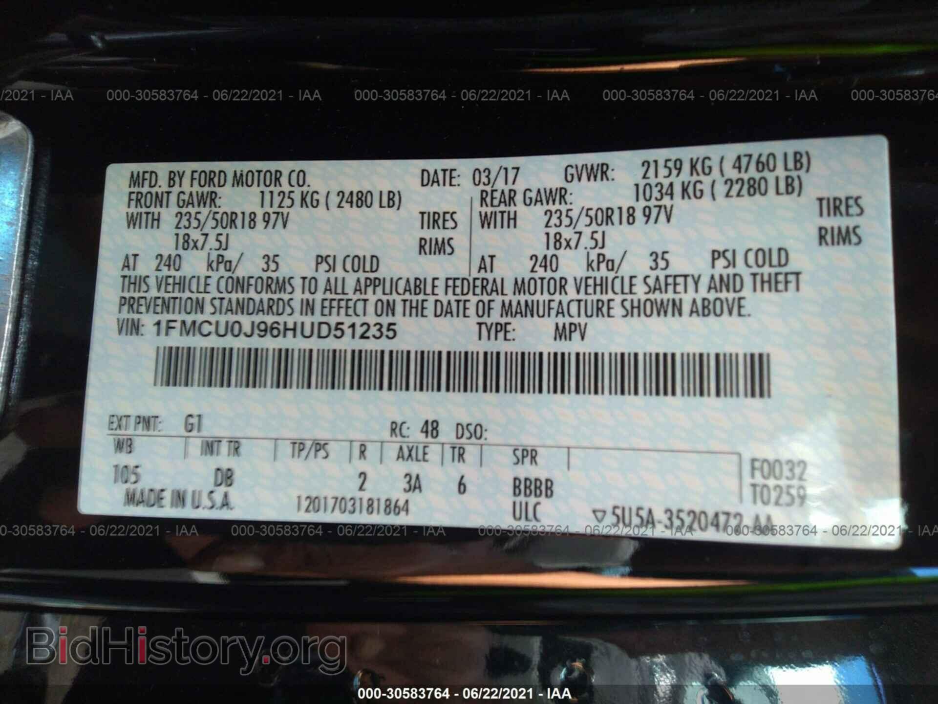 2017 FORD ESCAPE - VIN: 1FMCU0J96HUD51235 - Фото 9