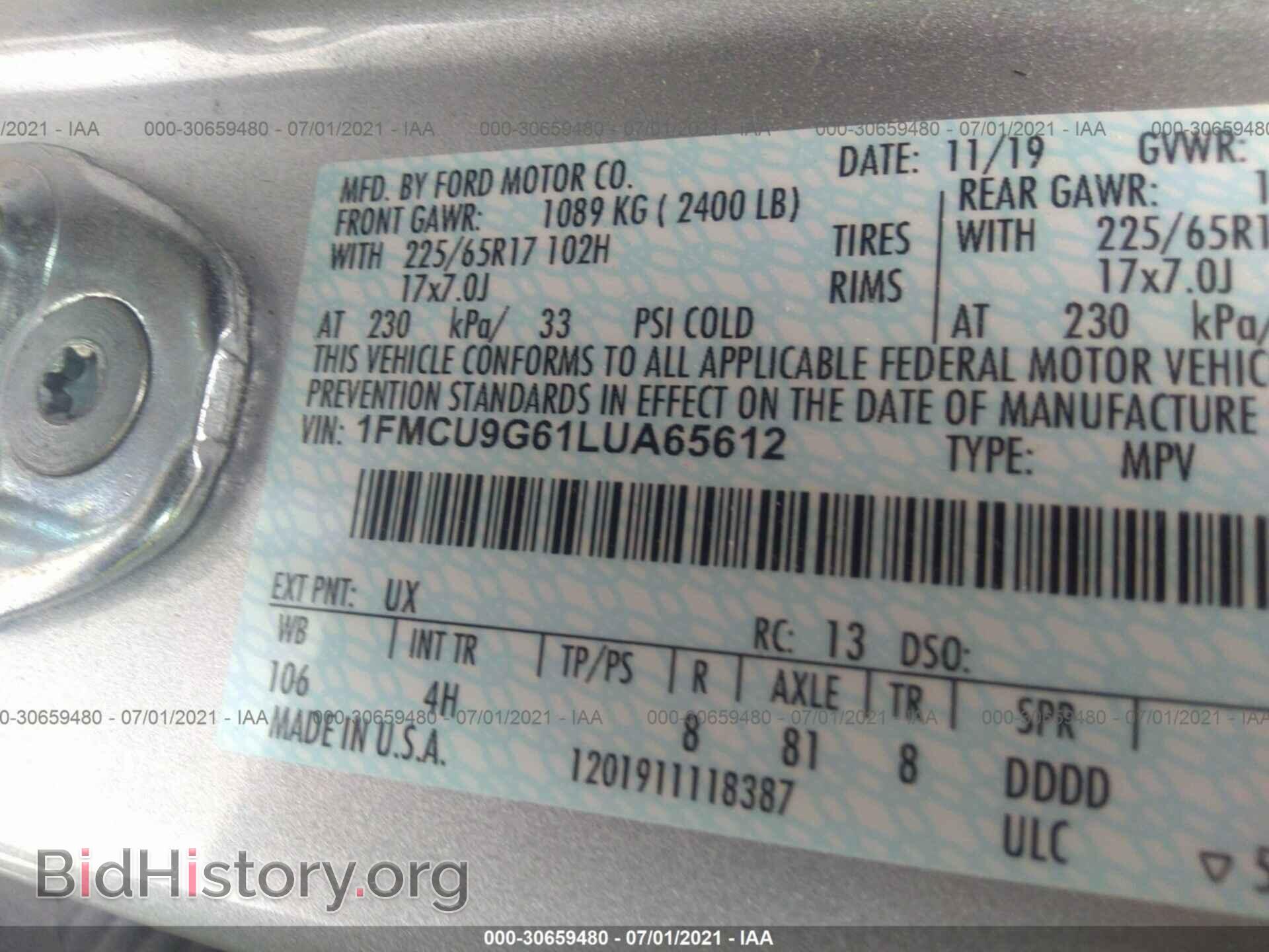 2020 FORD ESCAPE - VIN: 1FMCU9G61LUA65612 - Фото 9