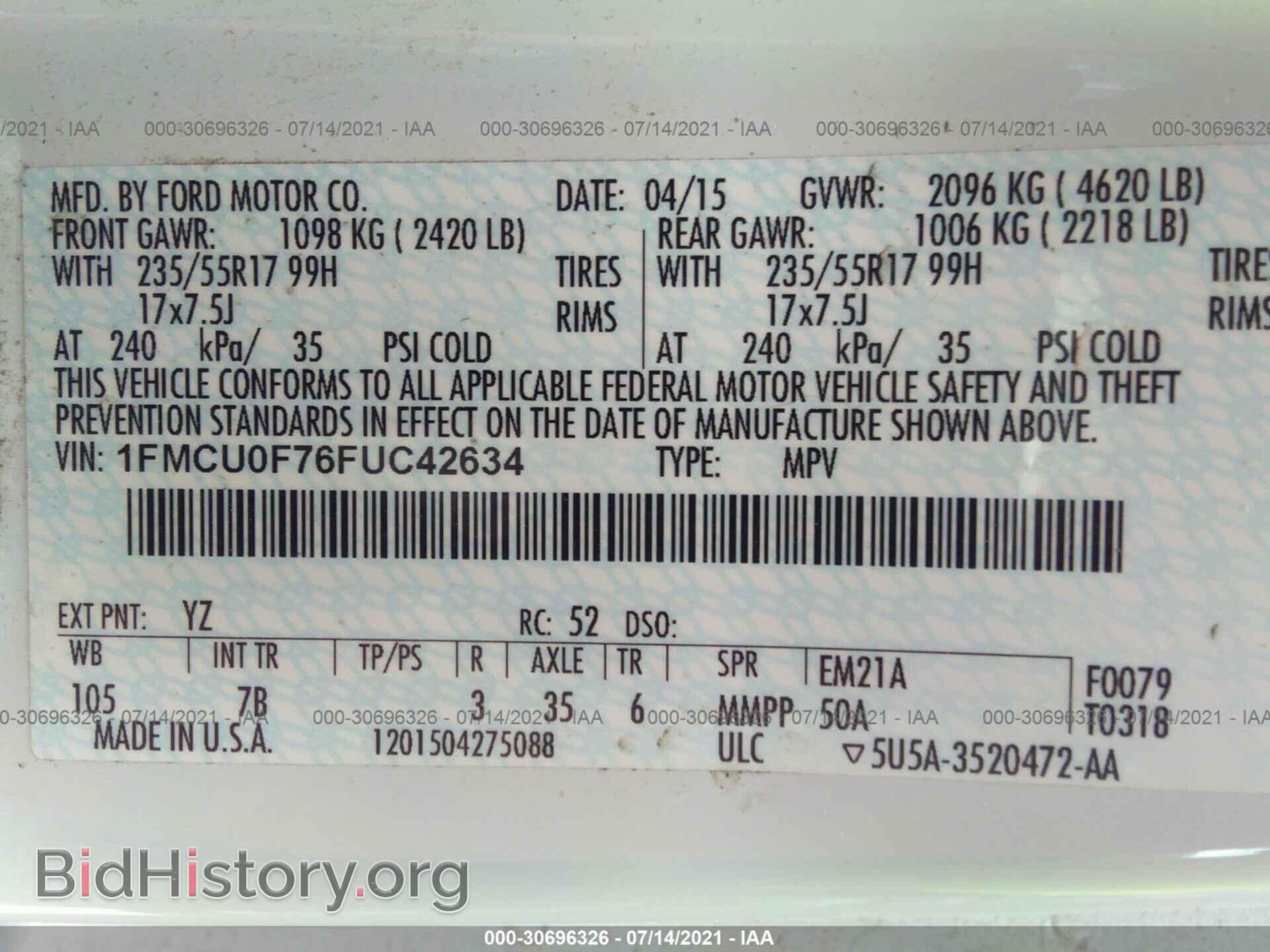 2015 FORD ESCAPE - VIN: 1FMCU0F76FUC42634 - Фото 9