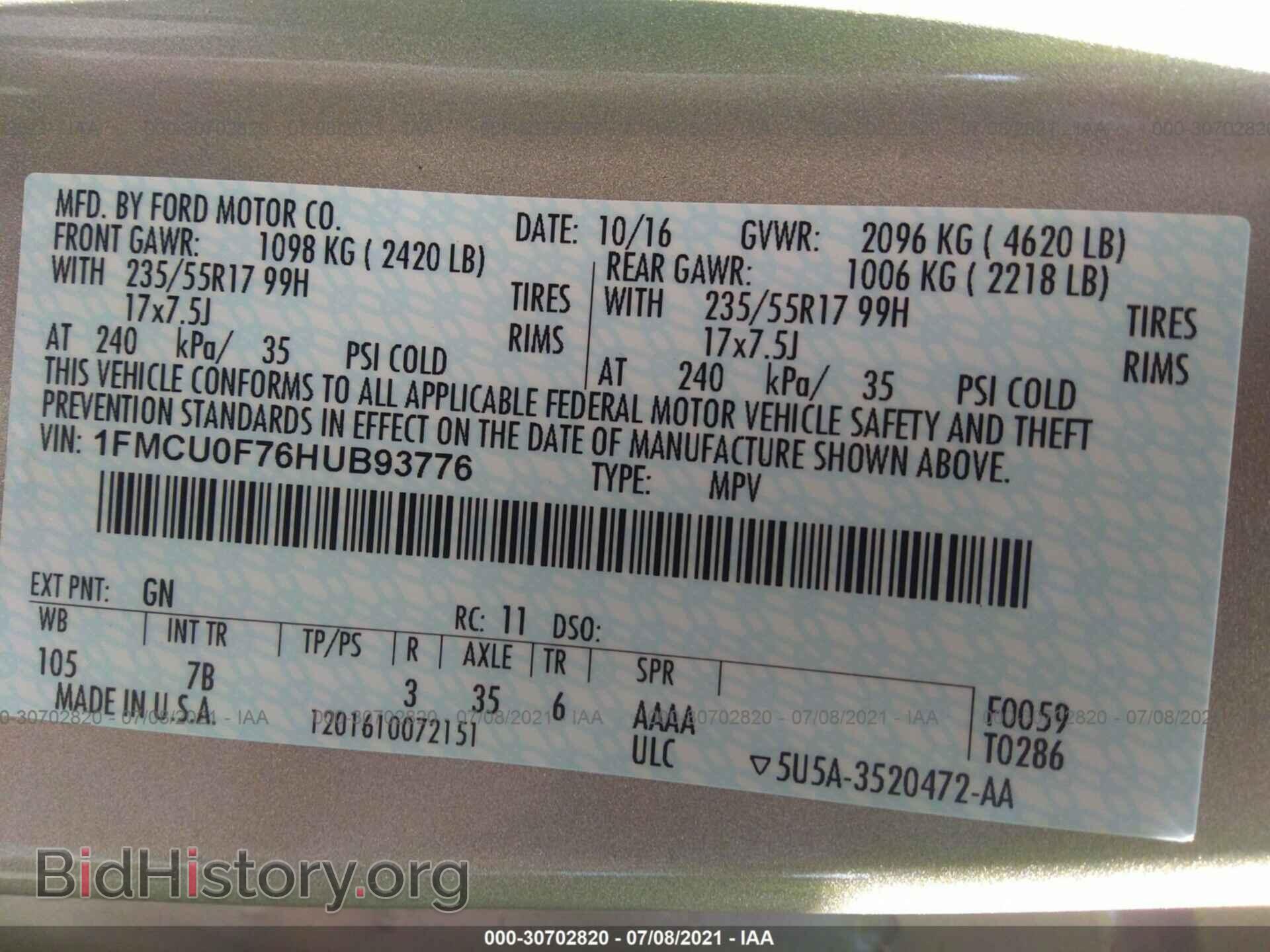 2017 FORD ESCAPE - VIN: 1FMCU0F76HUB93776 - Photo 9