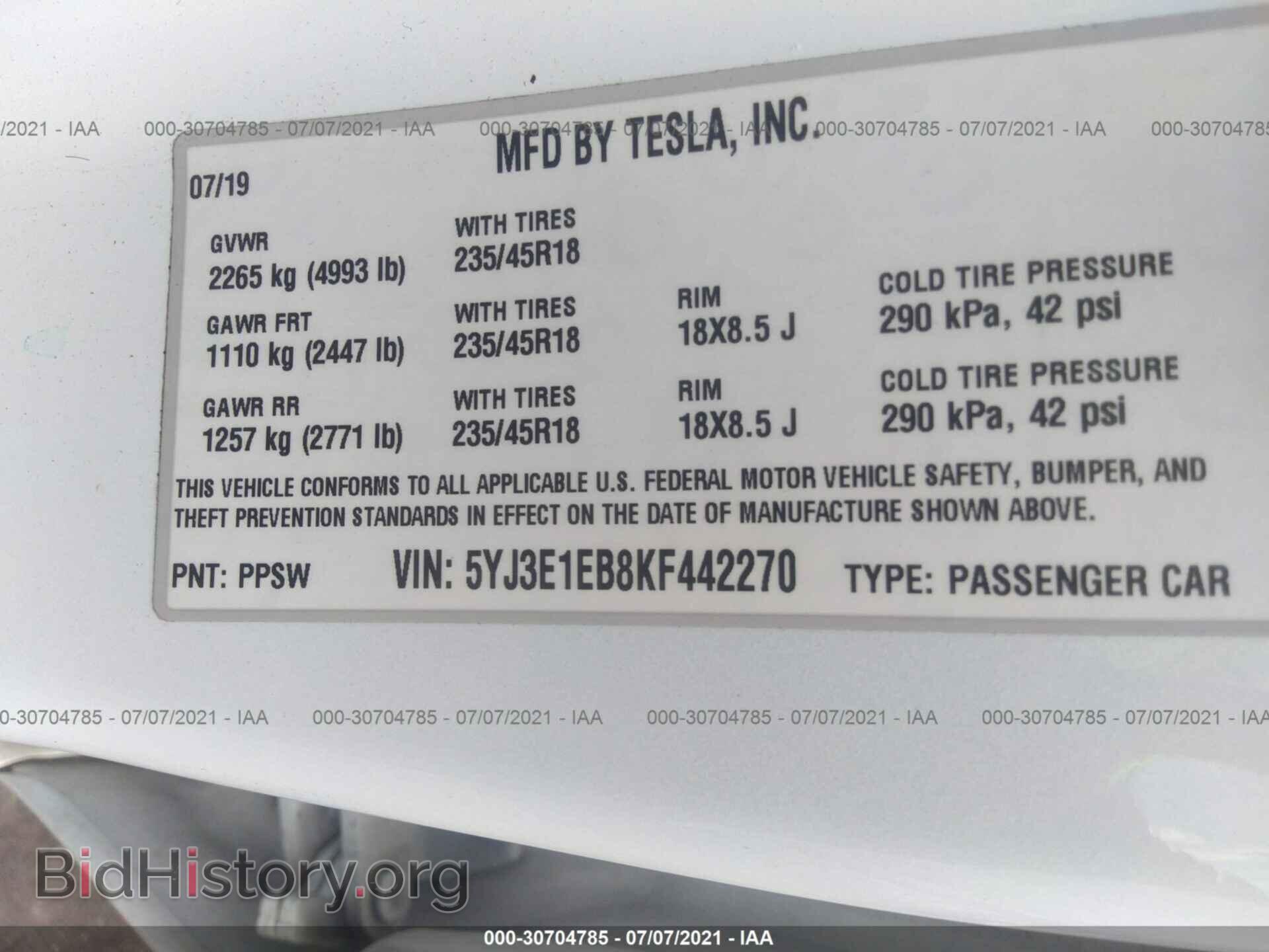 2019 TESLA MODEL 3 - VIN: 5YJ3E1EB8KF442270 - Фото 9