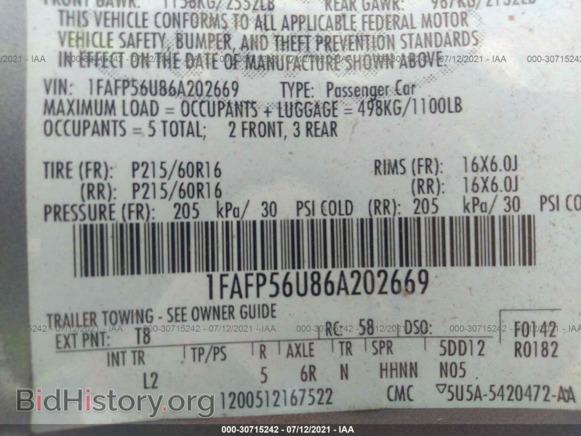 2006 FORD TAURUS - VIN: 1FAFP56U86A202669 - Фото 9