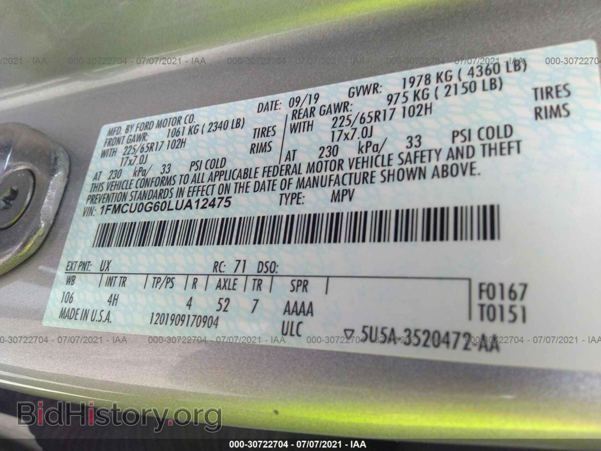 2020 FORD ESCAPE - VIN: 1FMCU0G60LUA12475 - Photo 9