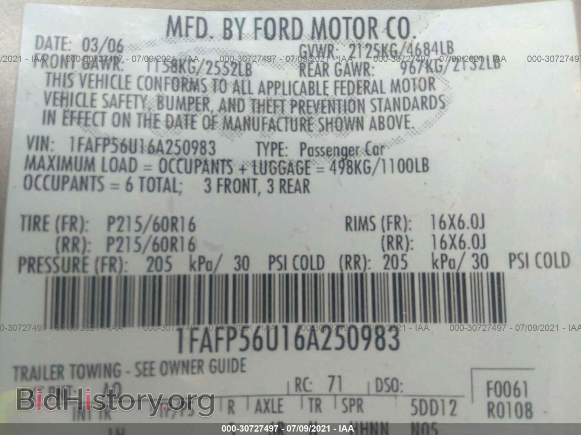 2006 FORD TAURUS - VIN: 1FAFP56U16A250983 - Фото 9