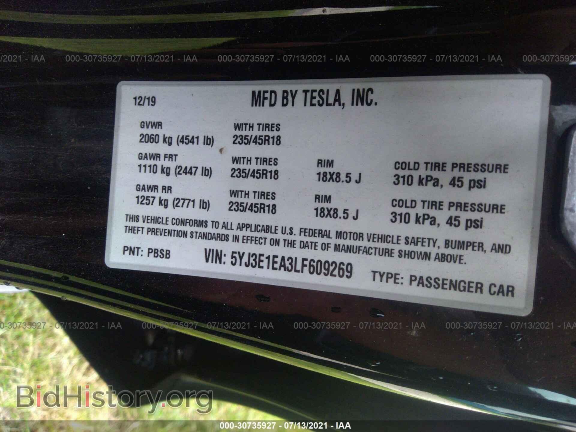 2020 TESLA MODEL 3 - VIN: 5YJ3E1EA3LF609269 - Фото 9
