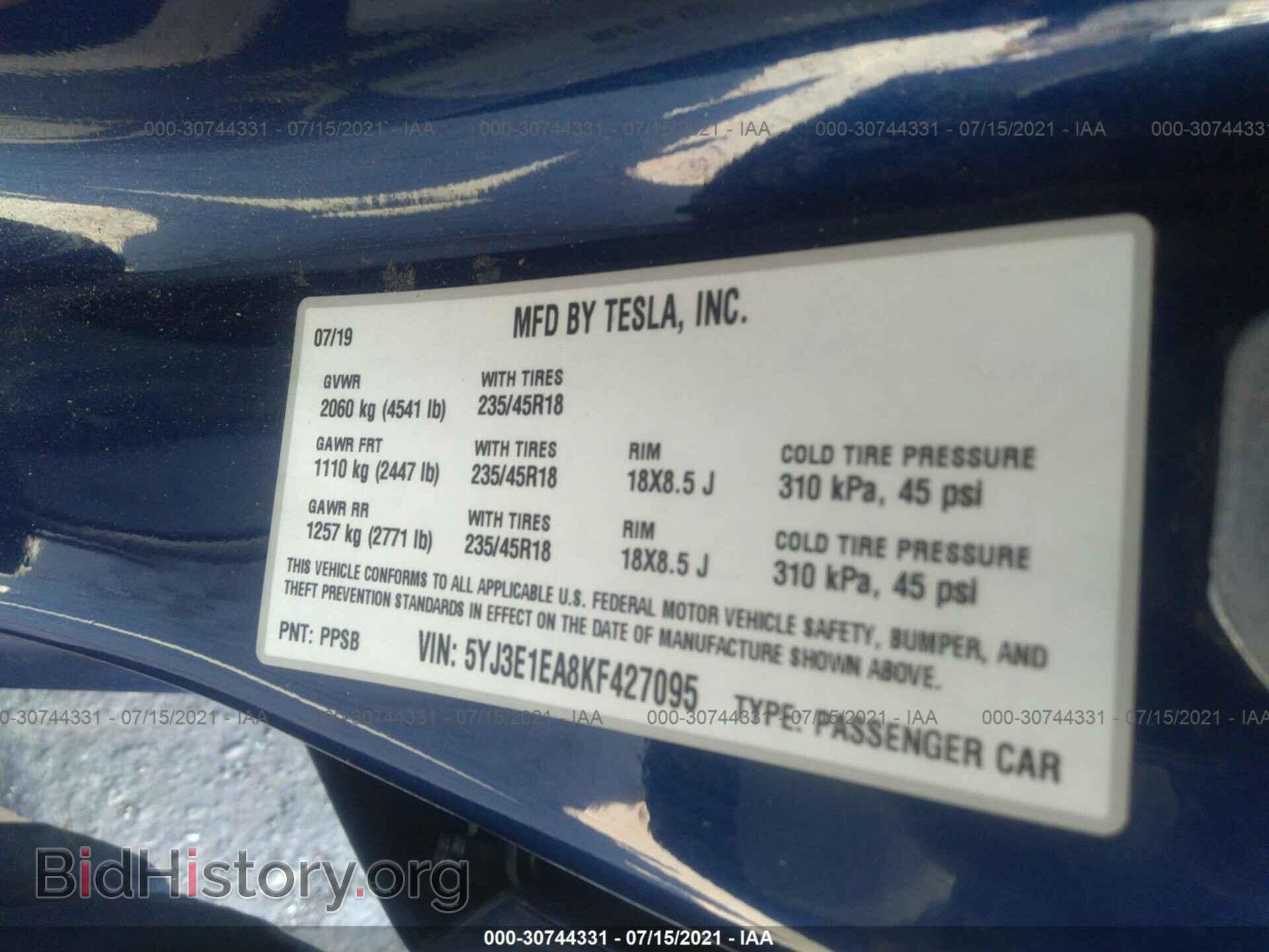 2019 TESLA MODEL 3 - VIN: 5YJ3E1EA8KF427095 - Photo 9