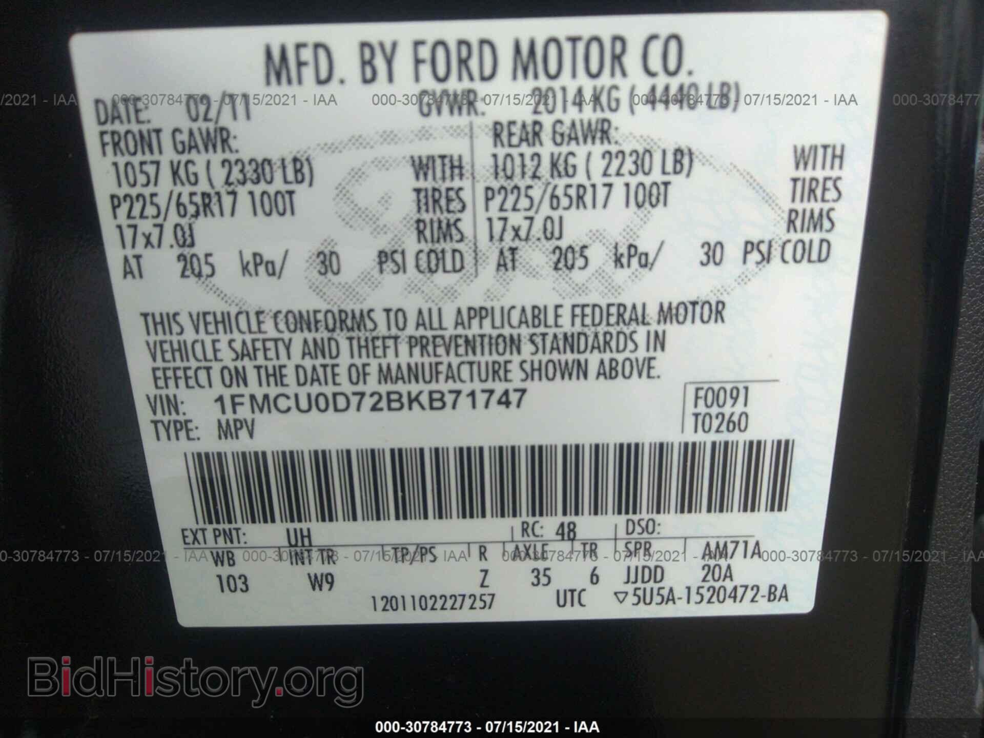 2011 FORD ESCAPE - VIN: 1FMCU0D72BKB71747 - Фото 9