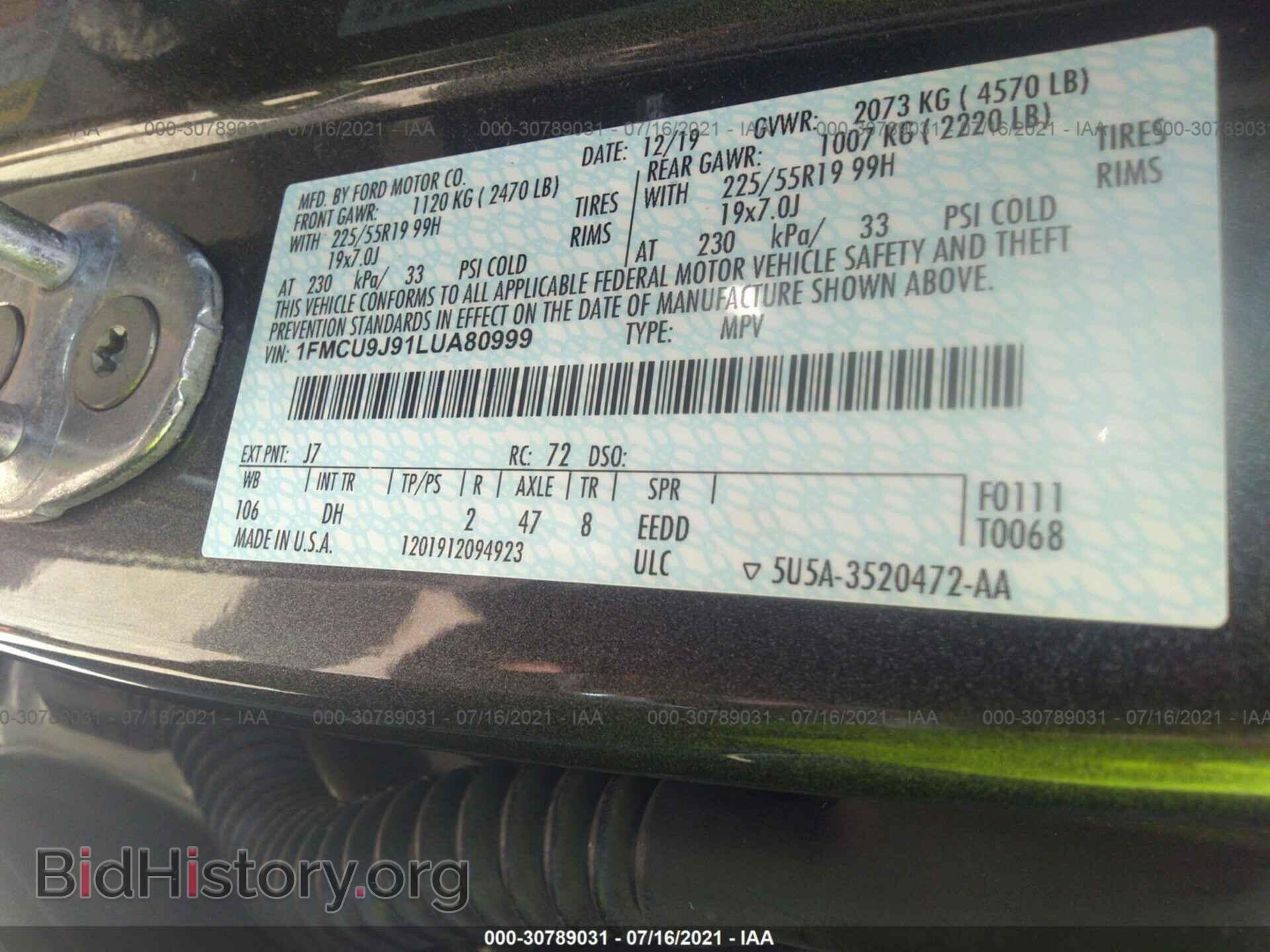 2020 FORD ESCAPE - VIN: 1FMCU9J91LUA80999 - Photo 9