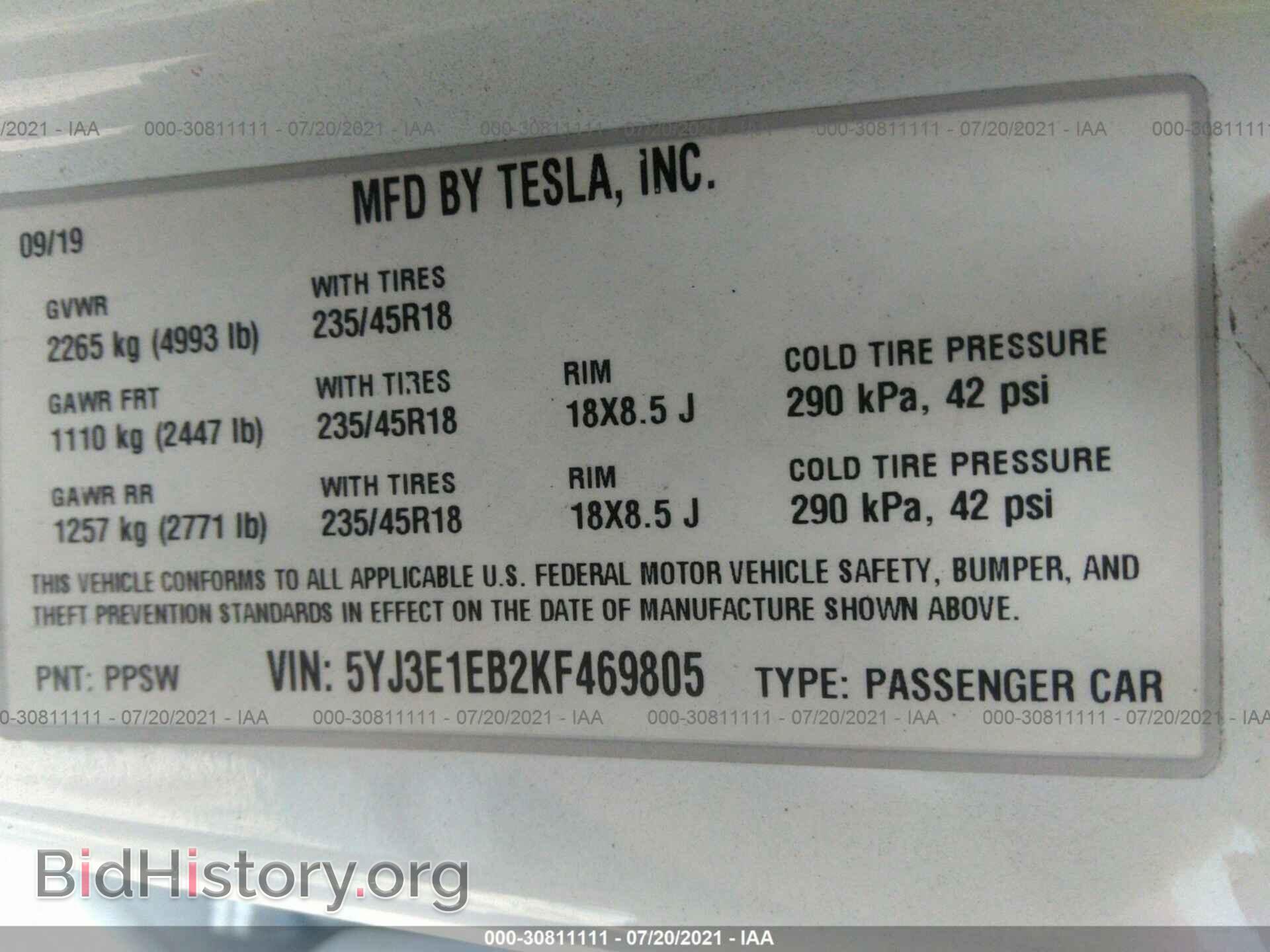 2019 TESLA MODEL 3 - VIN: 5YJ3E1EB2KF469805 - Фото 9