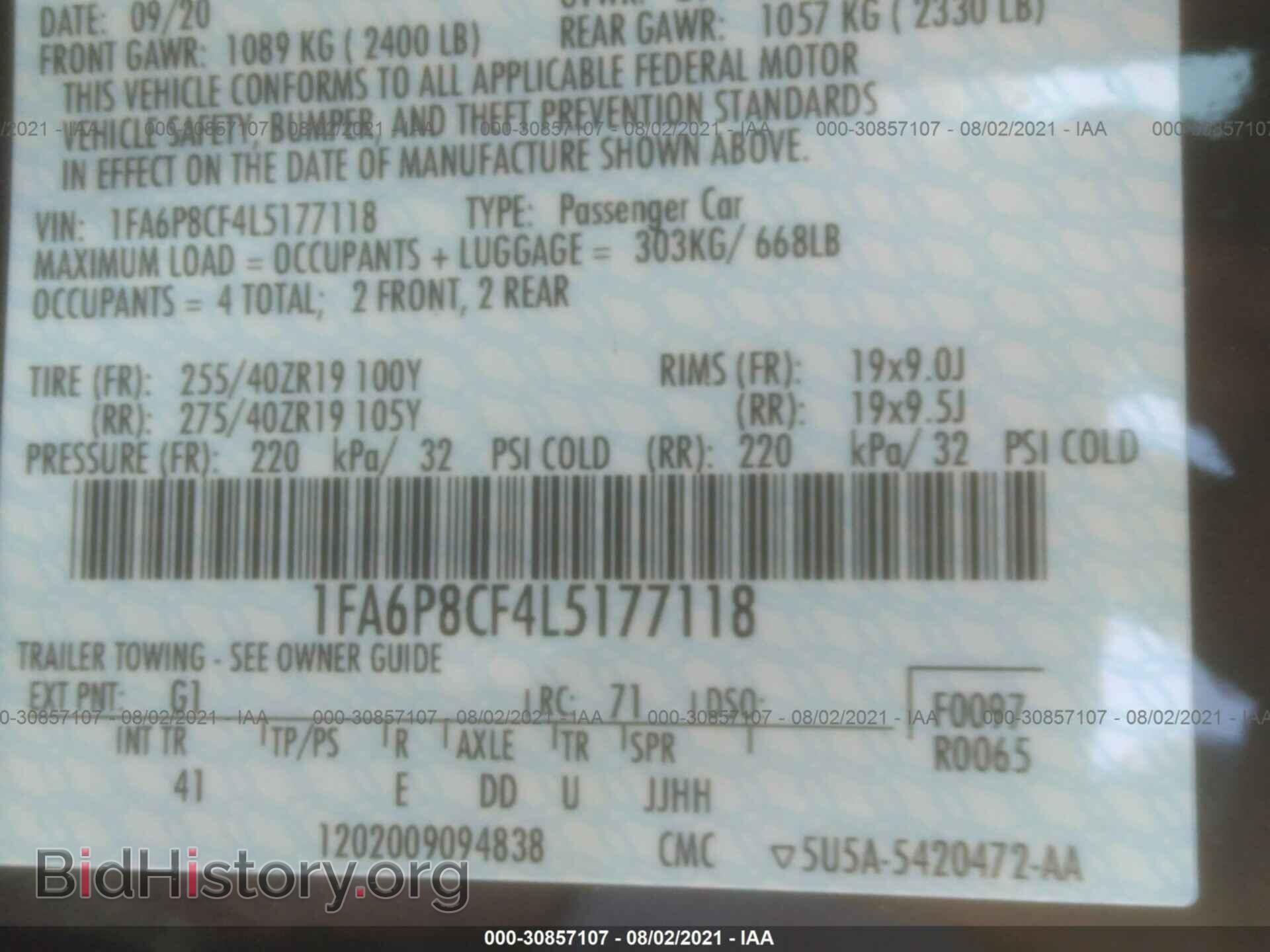 2020 FORD MUSTANG - VIN: 1FA6P8CF4L5177118 - Фото 9