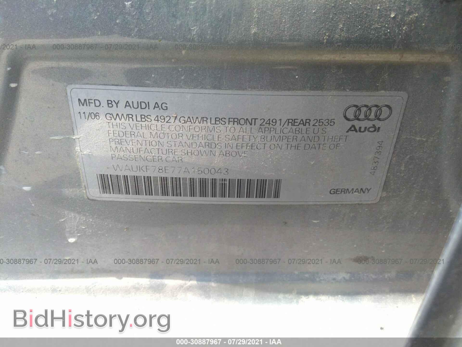 2007 AUDI A4 - VIN: WAUKF78E77A150043 - Фото 9