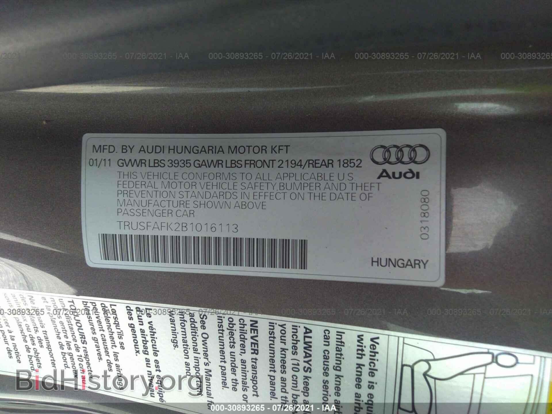 2011 AUDI TT - VIN: TRUSFAFK2B1016113 - Фото 9