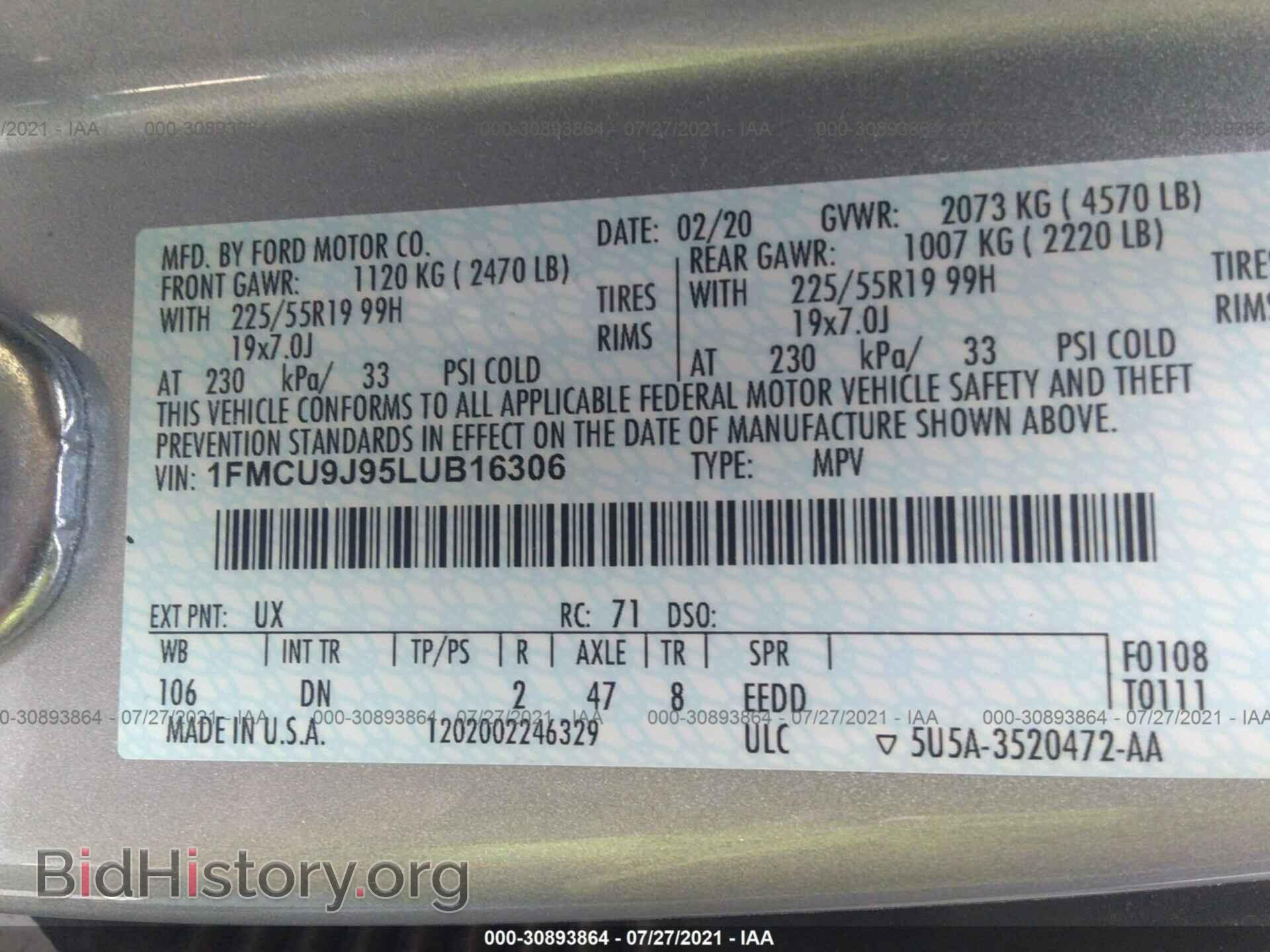 2020 FORD ESCAPE - VIN: 1FMCU9J95LUB16306 - Фото 9