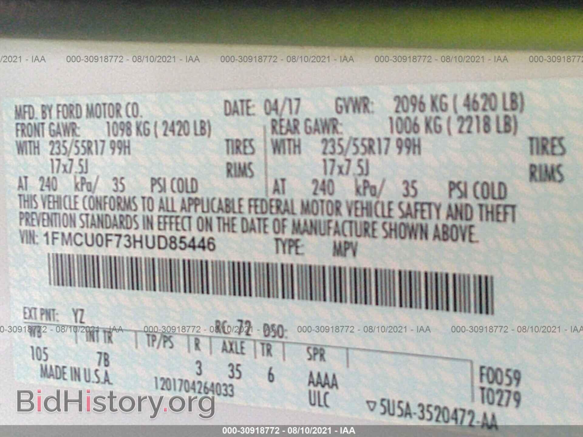 2017 FORD ESCAPE - VIN: 1FMCU0F73HUD85446 - Фото 9