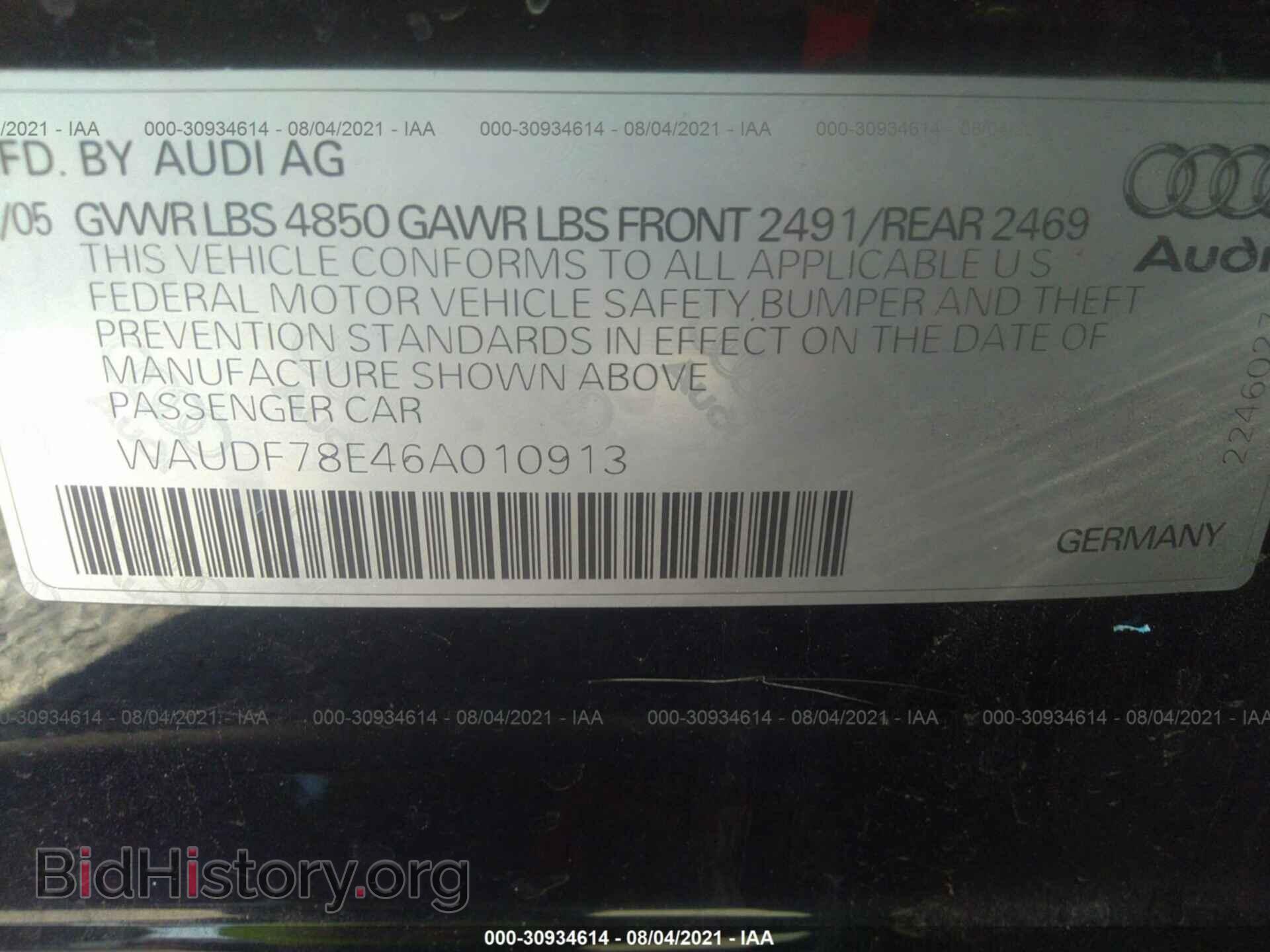 2006 AUDI A4 - VIN: WAUDF78E46A010913 - Фото 9