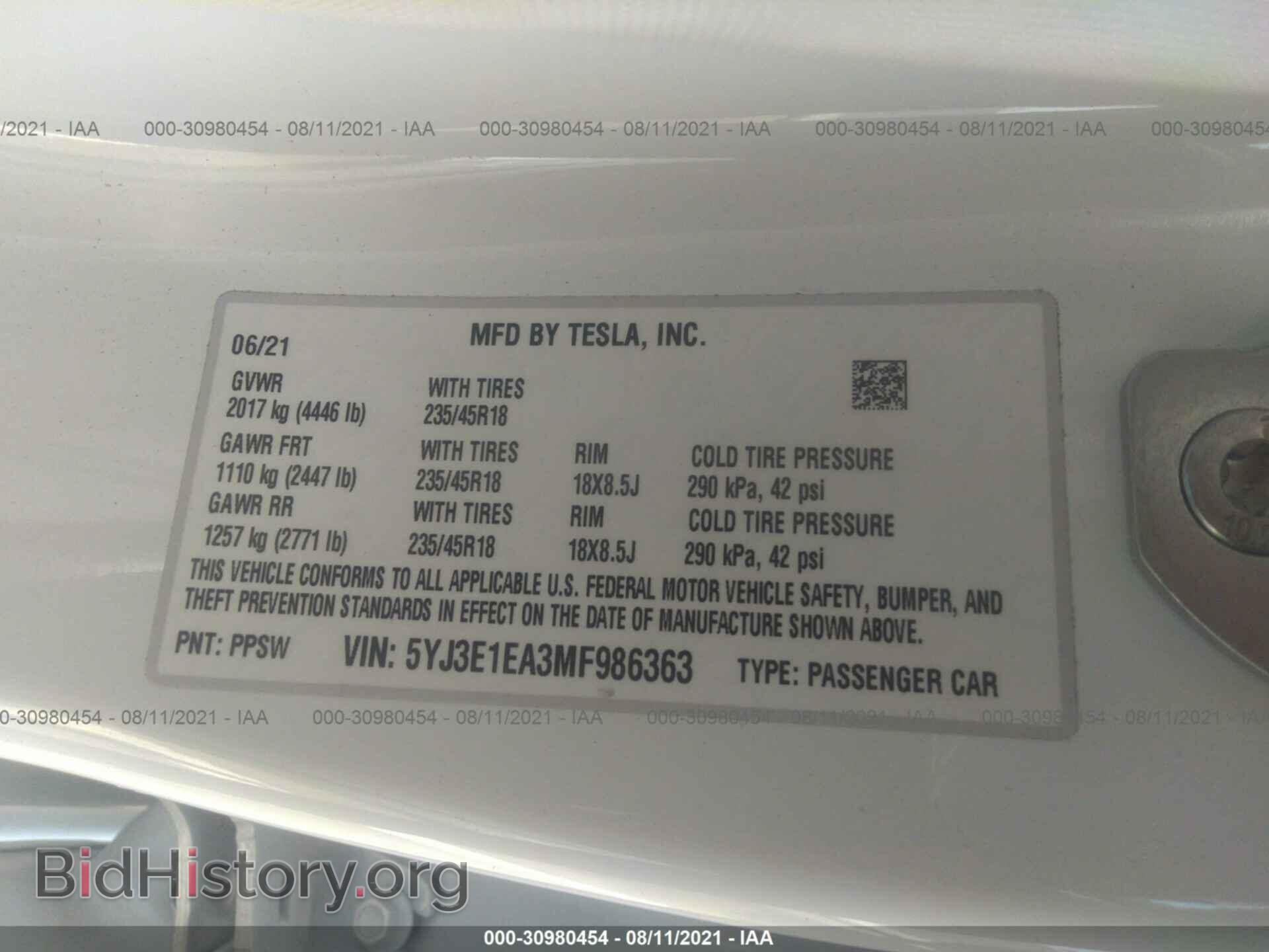 2021 TESLA MODEL 3 - VIN: 5YJ3E1EA3MF986363 - Фото 9