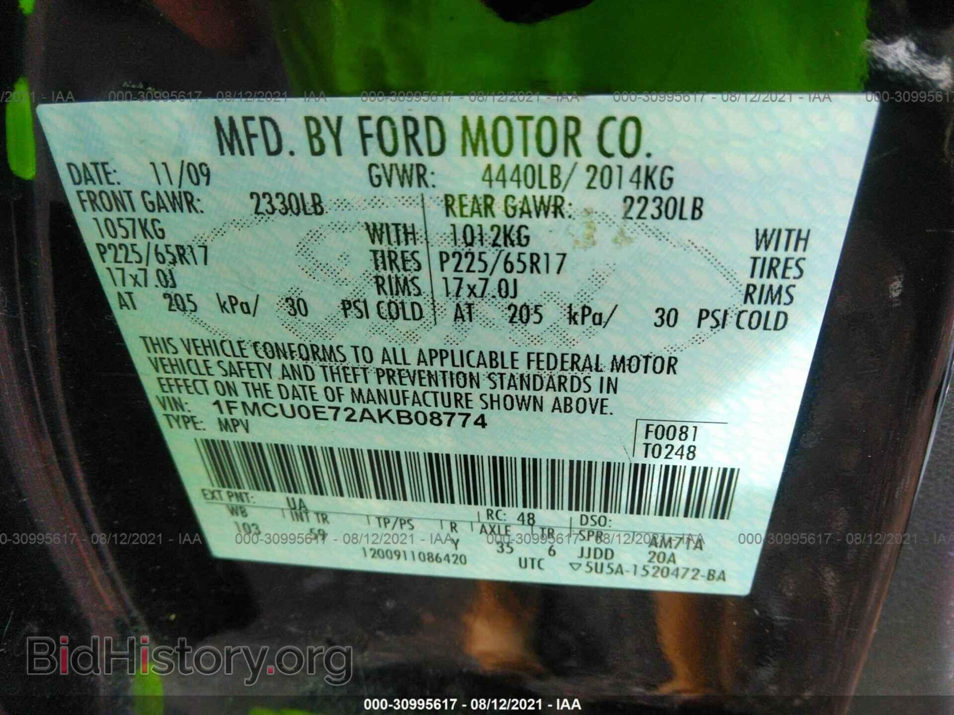 2010 FORD ESCAPE - VIN: 1FMCU0E72AKB08774 - Фото 9