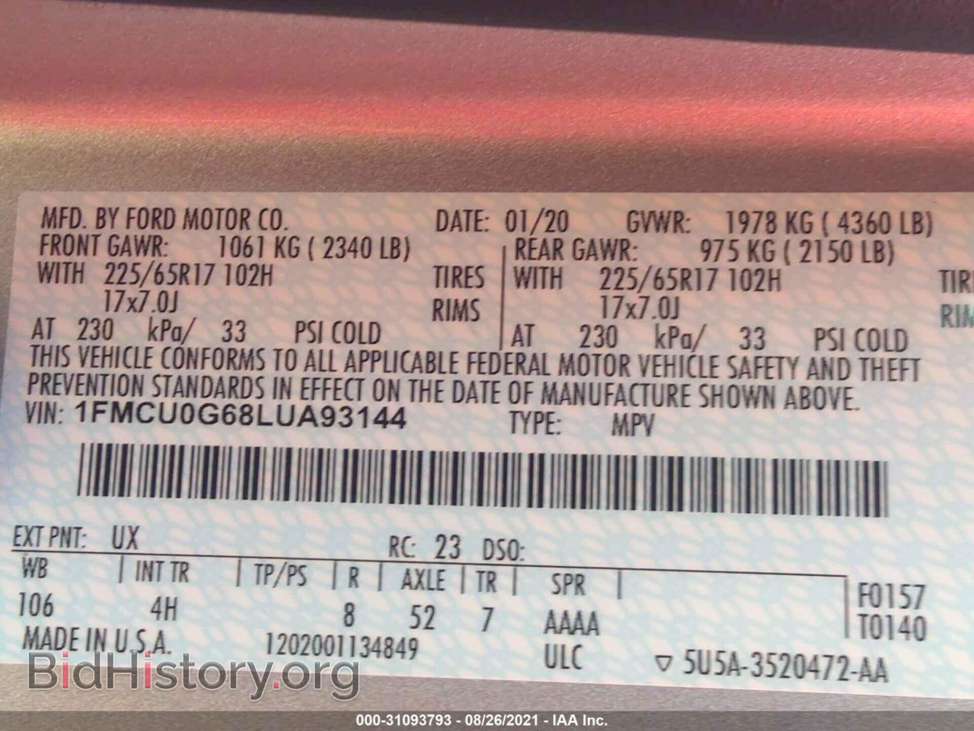 2020 FORD ESCAPE - VIN: 1FMCU0G68LUA93144 - Фото 9